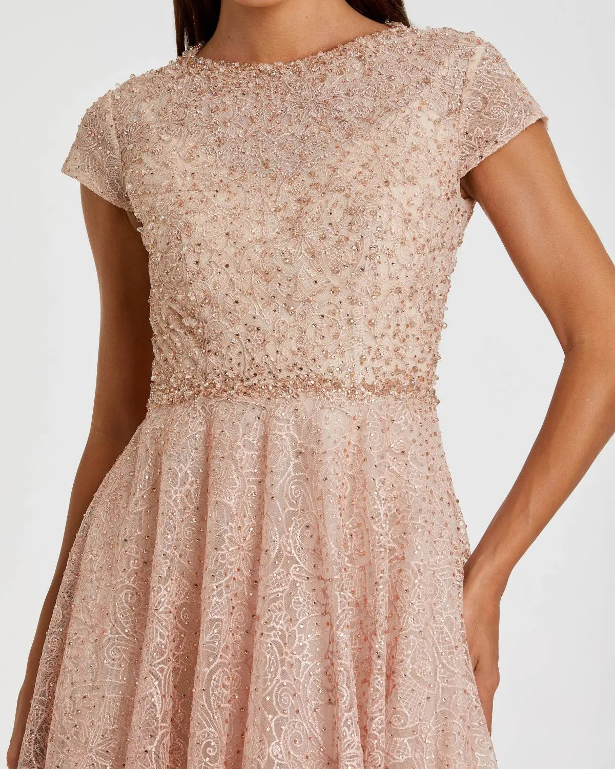 Pink Embellished Cap Sleeve A Line Dress-Myartka