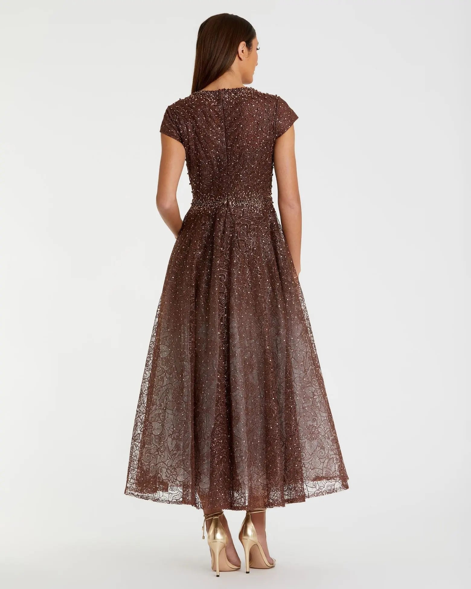 Brown Embellished Cap Sleeve A Line Dress-Myartka
