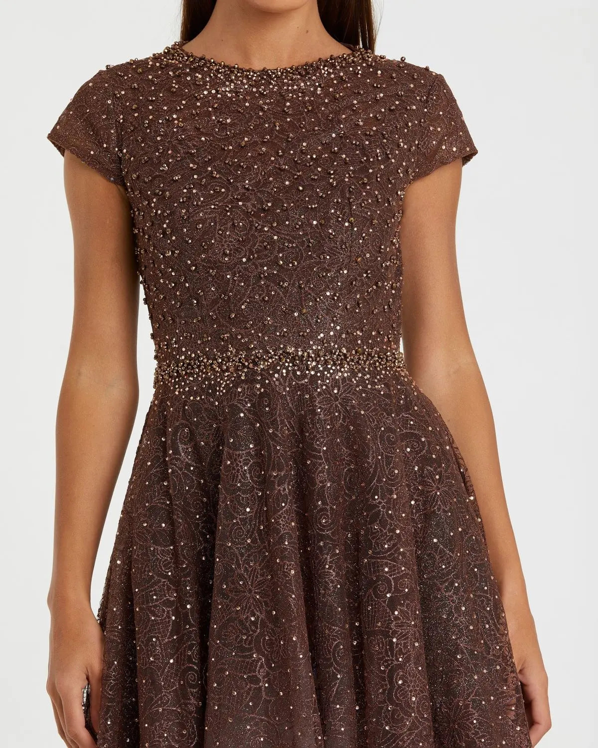 Brown Embellished Cap Sleeve A Line Dress-Myartka