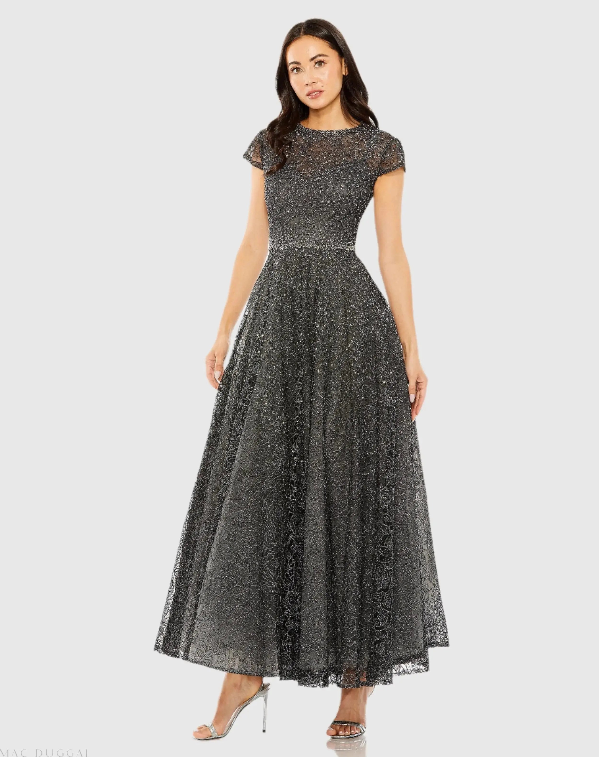 Gray Embellished Cap Sleeve A Line Dress-Myartka