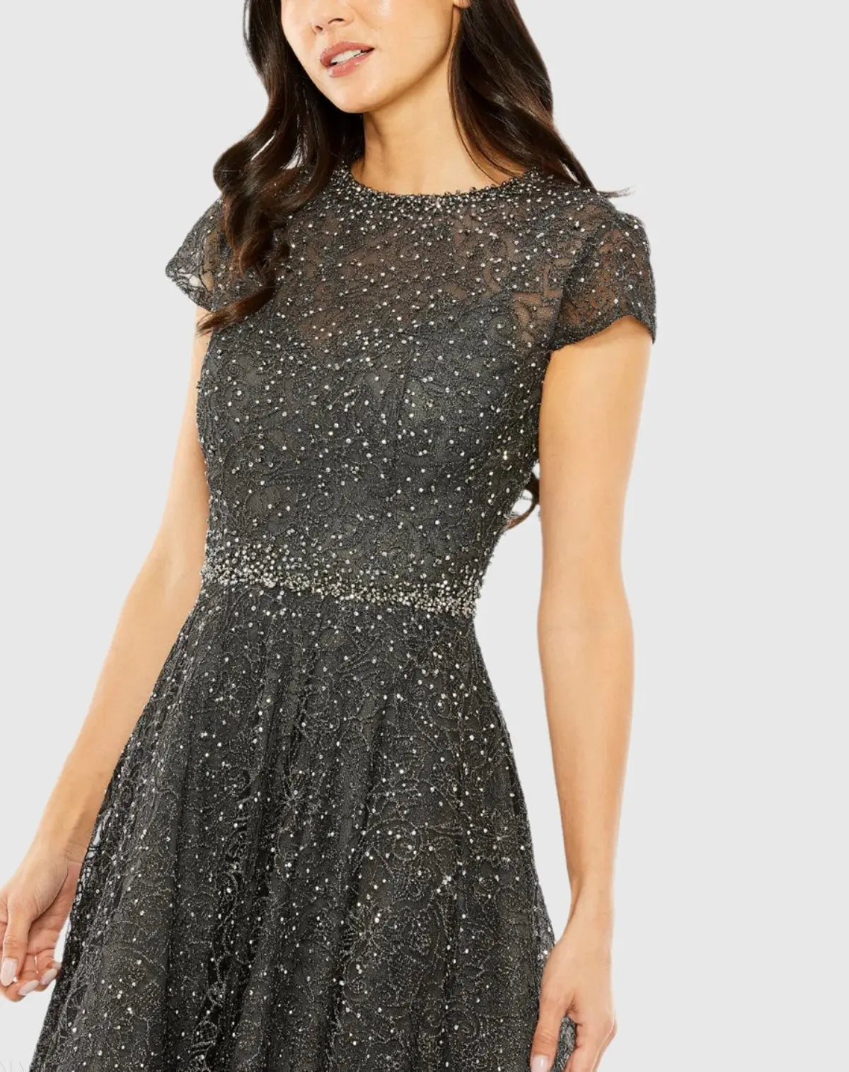 Gray Embellished Cap Sleeve A Line Dress-Myartka