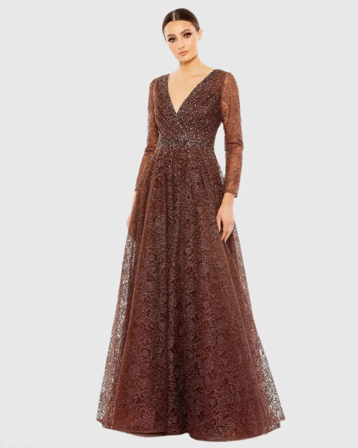 Brown Embellished Illusion Long Sleeve V Neck Gown-Myartka