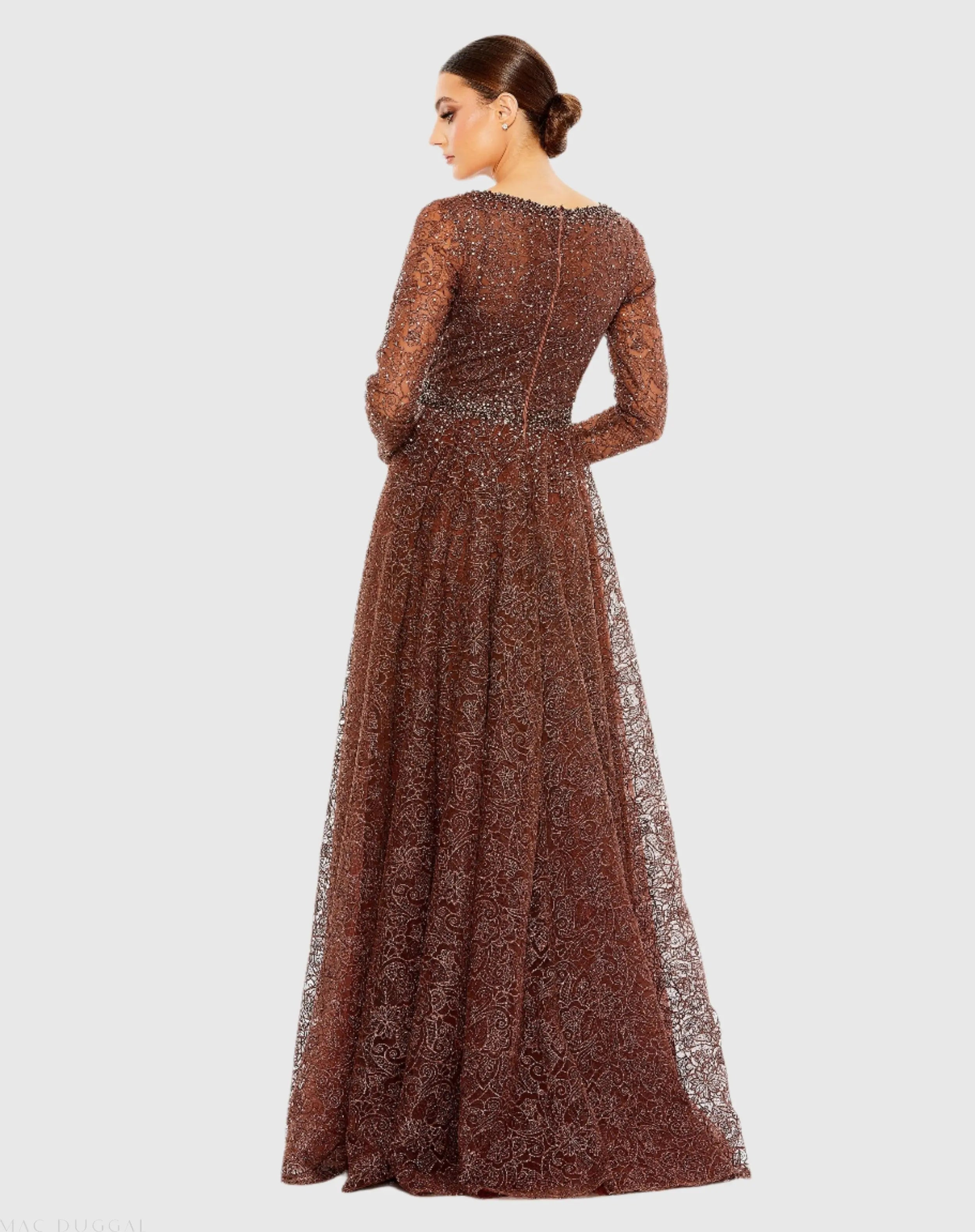 Brown Embellished Illusion Long Sleeve V Neck Gown-Myartka