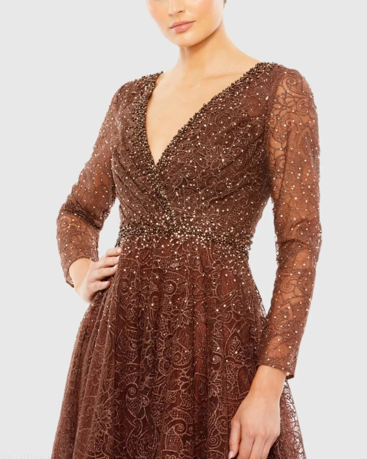 Brown Embellished Illusion Long Sleeve V Neck Gown-Myartka