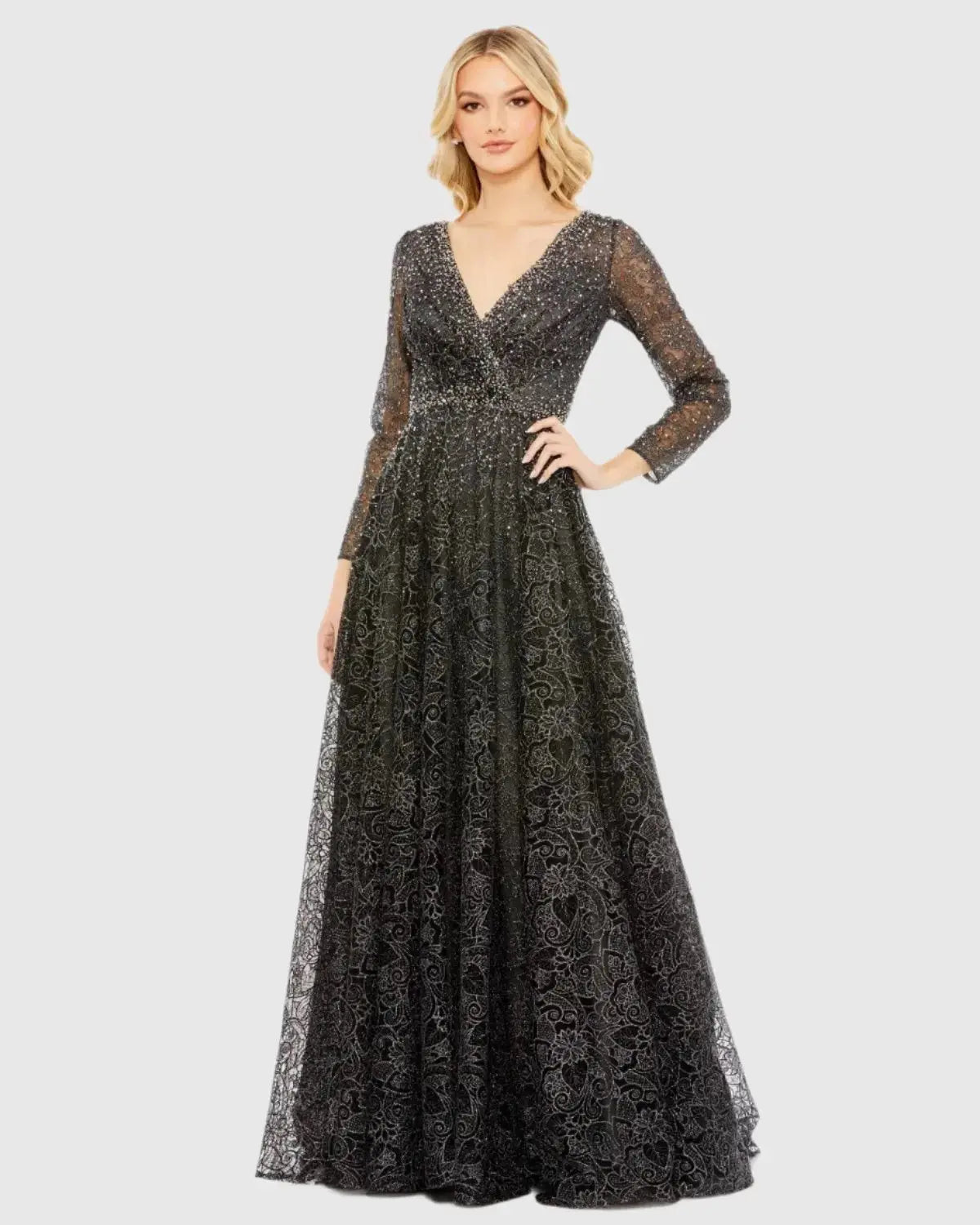 Embellished Illusion Long Sleeve V Neck Gown-Myartka