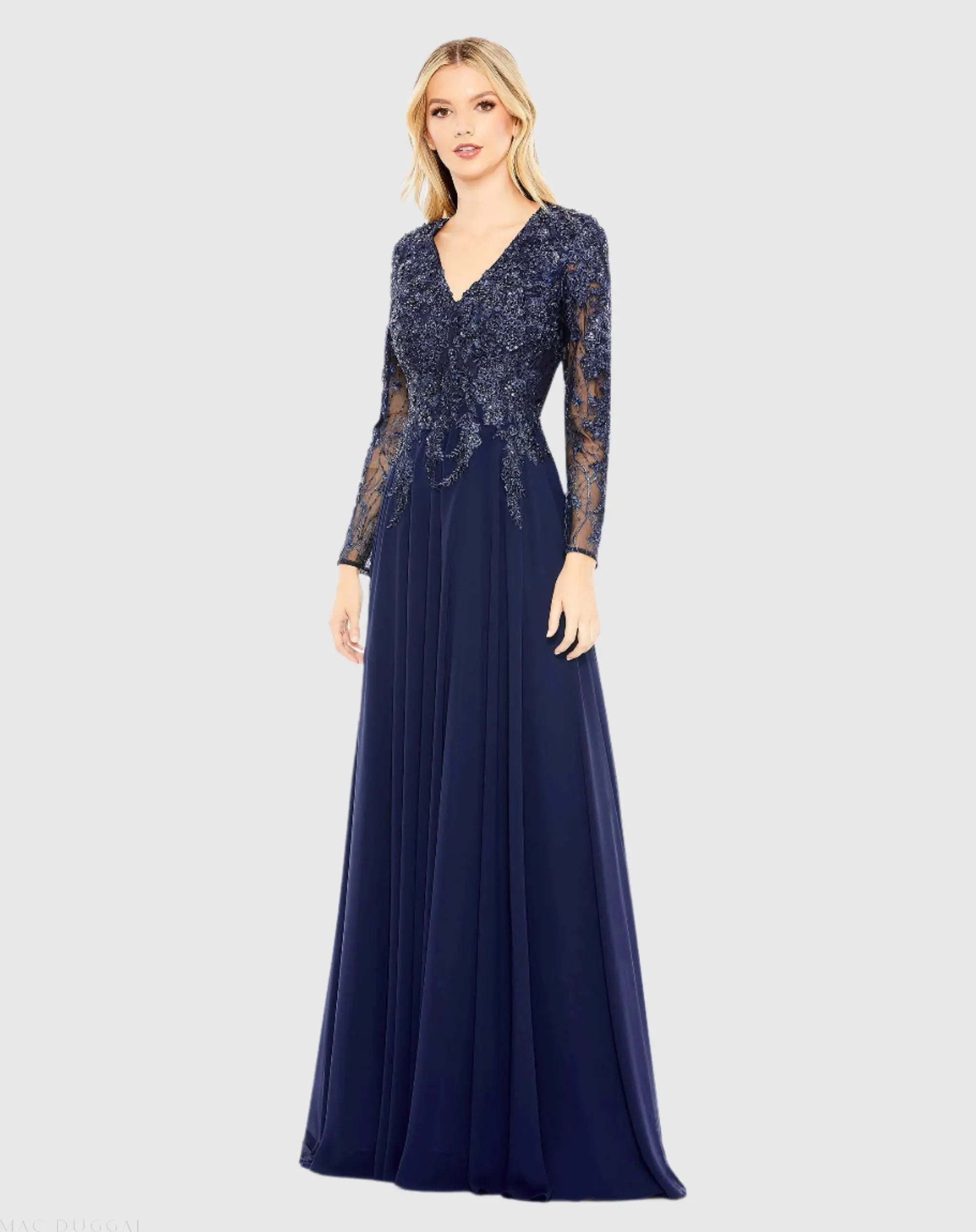 Navy Embellished Illusion V Neck Long Sleeve Gown-Myartka