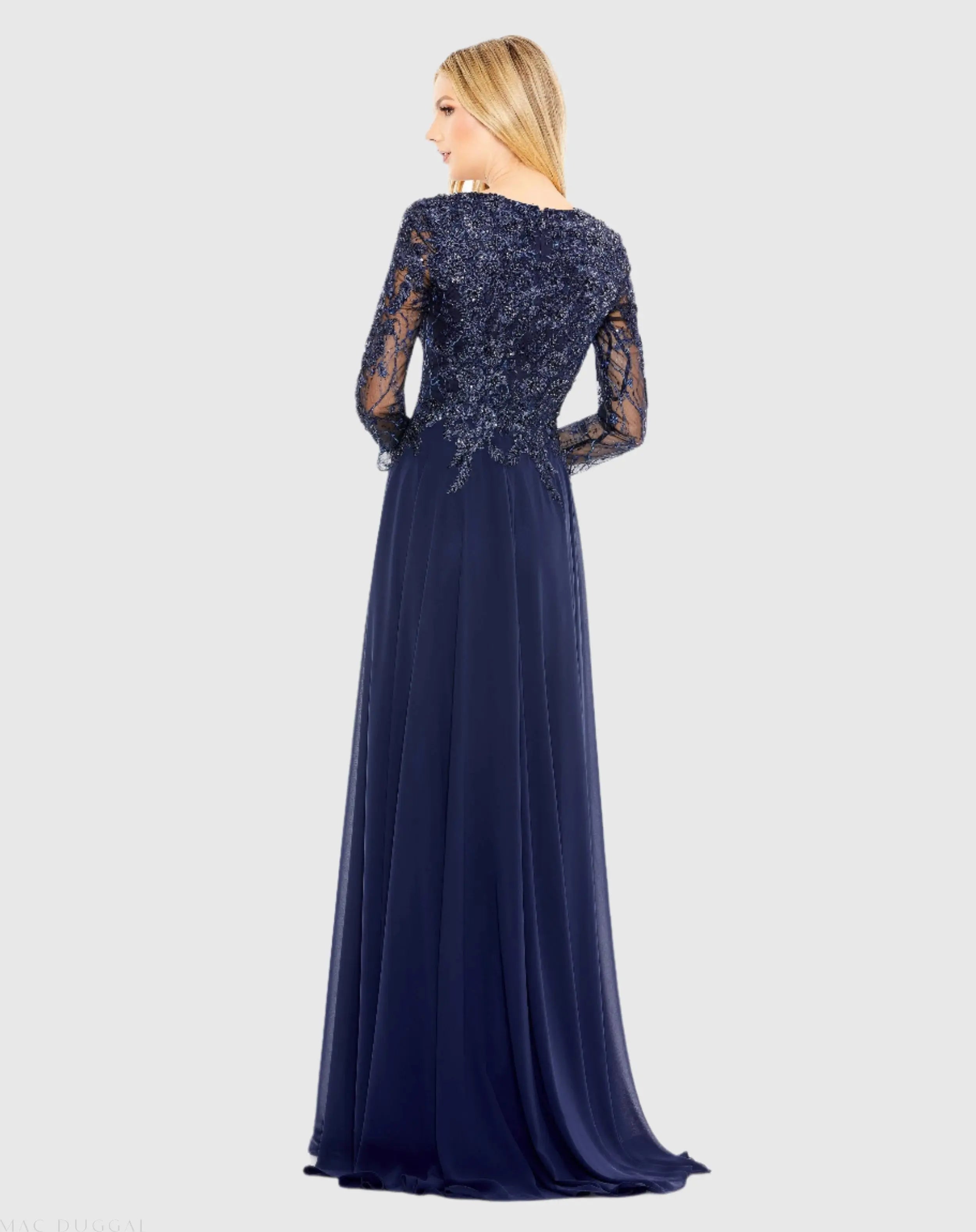 Navy Embellished Illusion V Neck Long Sleeve Gown-Myartka