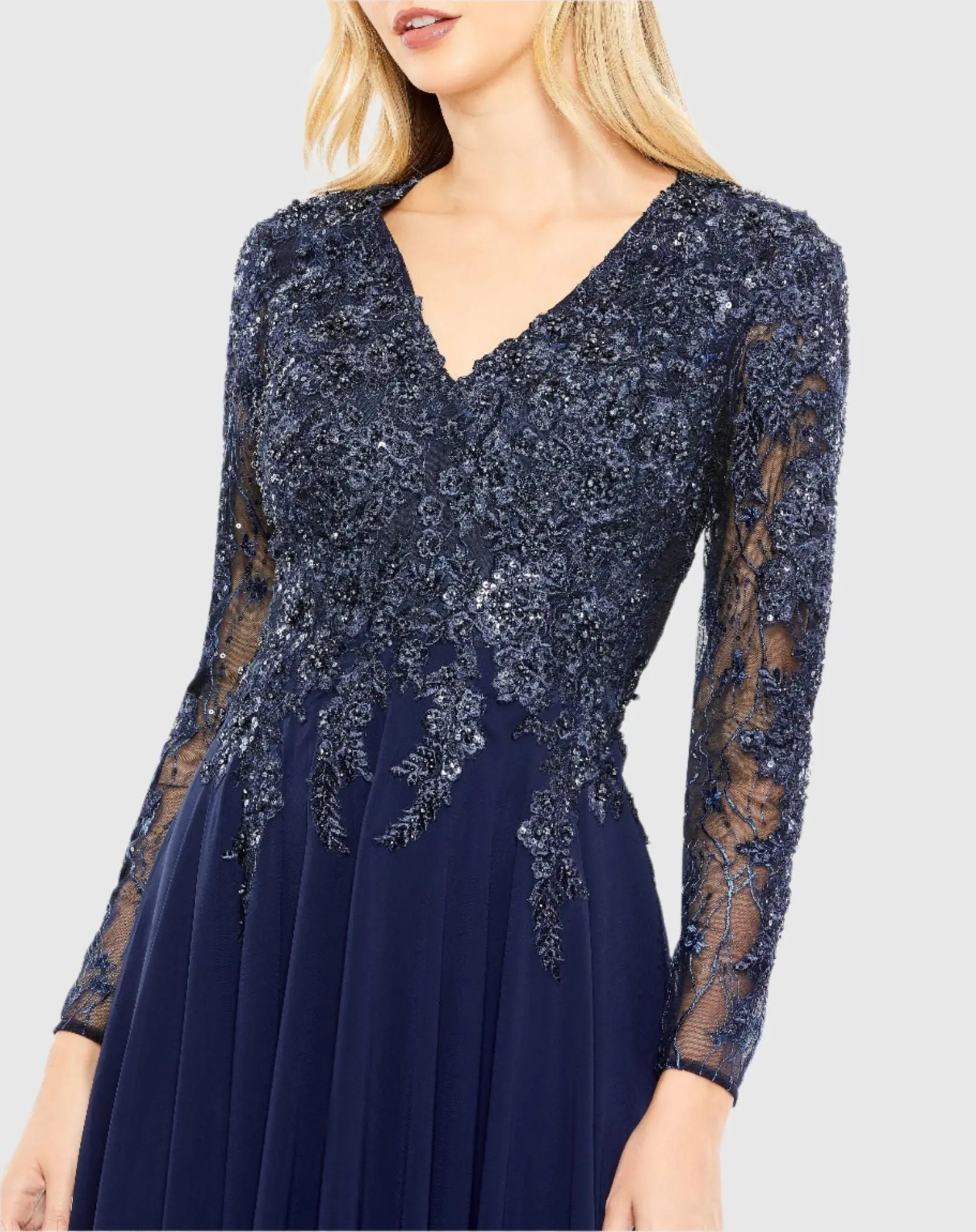 Navy Embellished Illusion V Neck Long Sleeve Gown-Myartka
