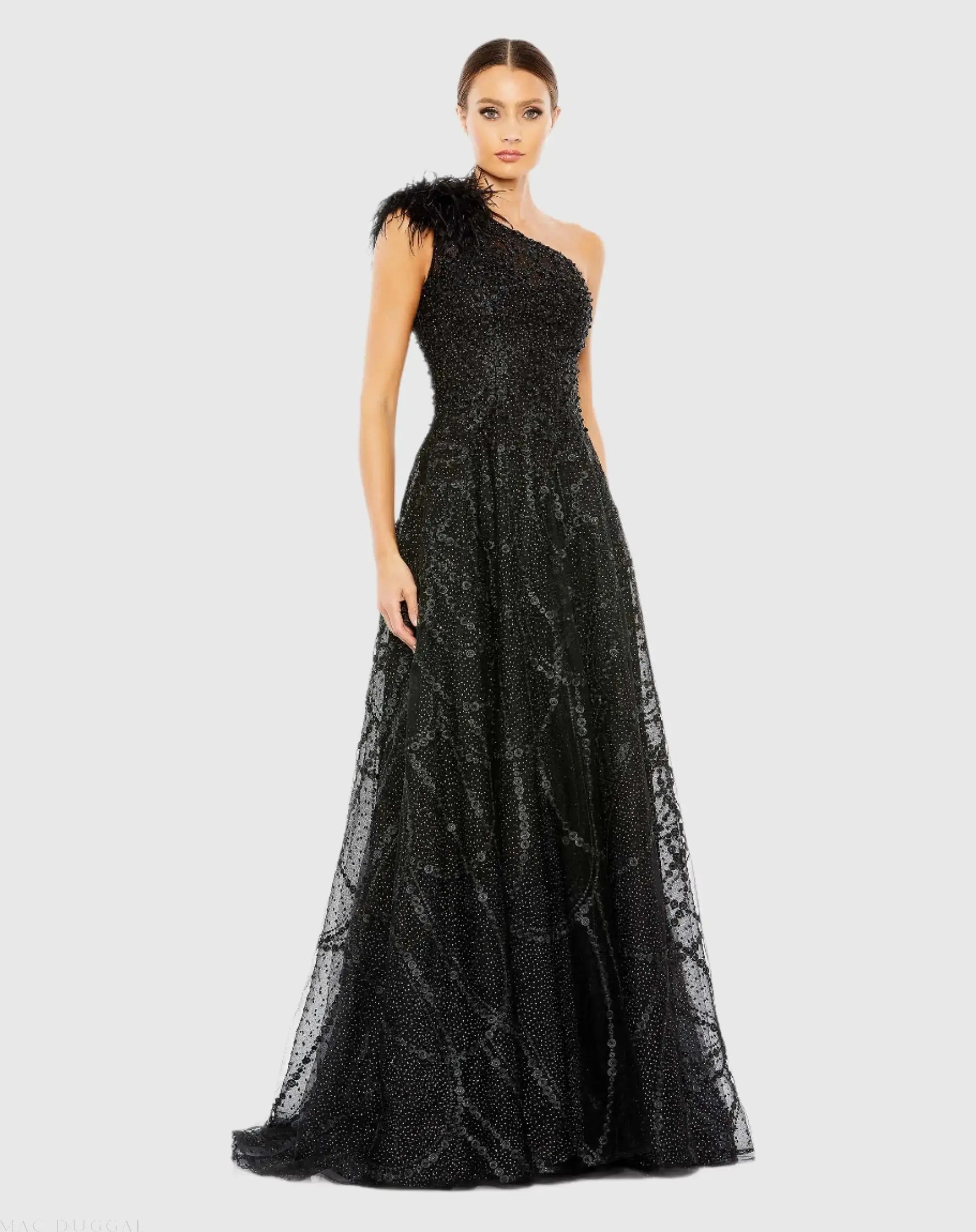 Black Embellished One Shoulder A Line Gown-Myartka