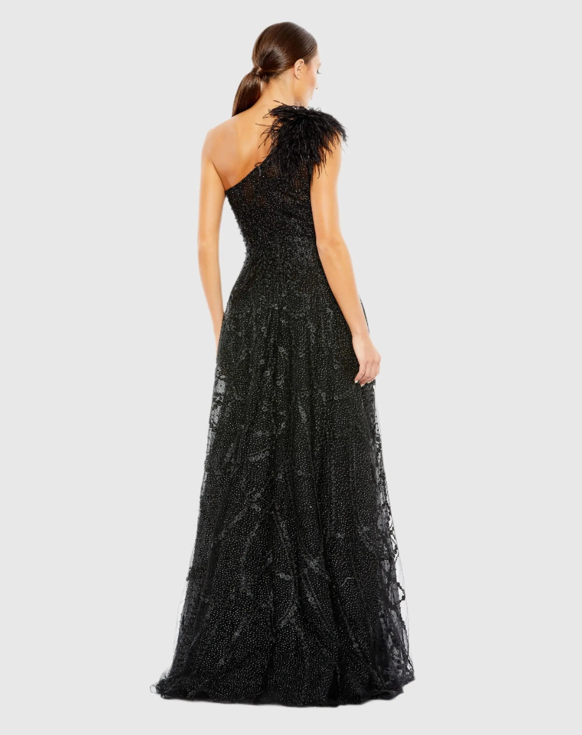 Black Embellished One Shoulder A Line Gown-Myartka