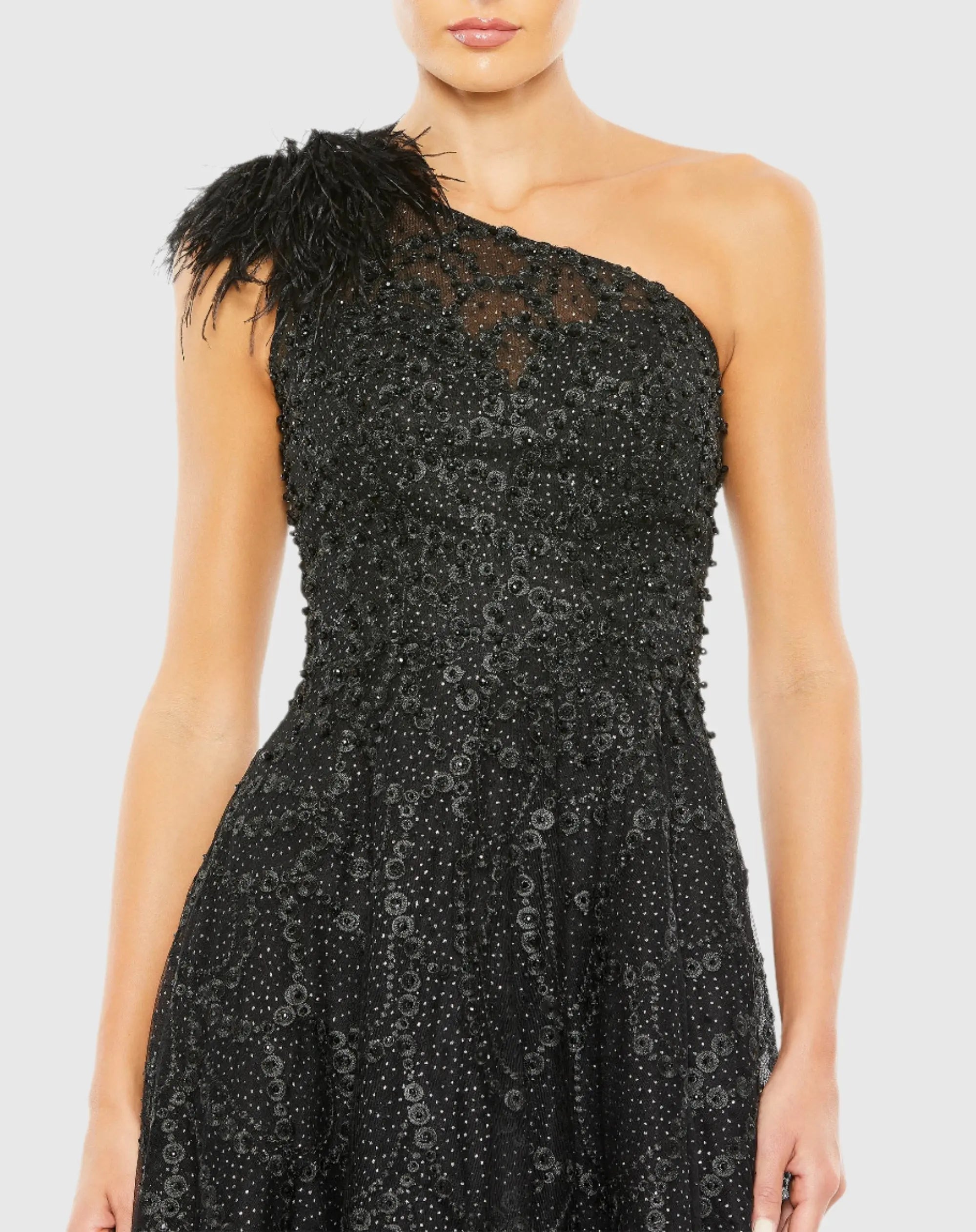 Black Embellished One Shoulder A Line Gown-Myartka