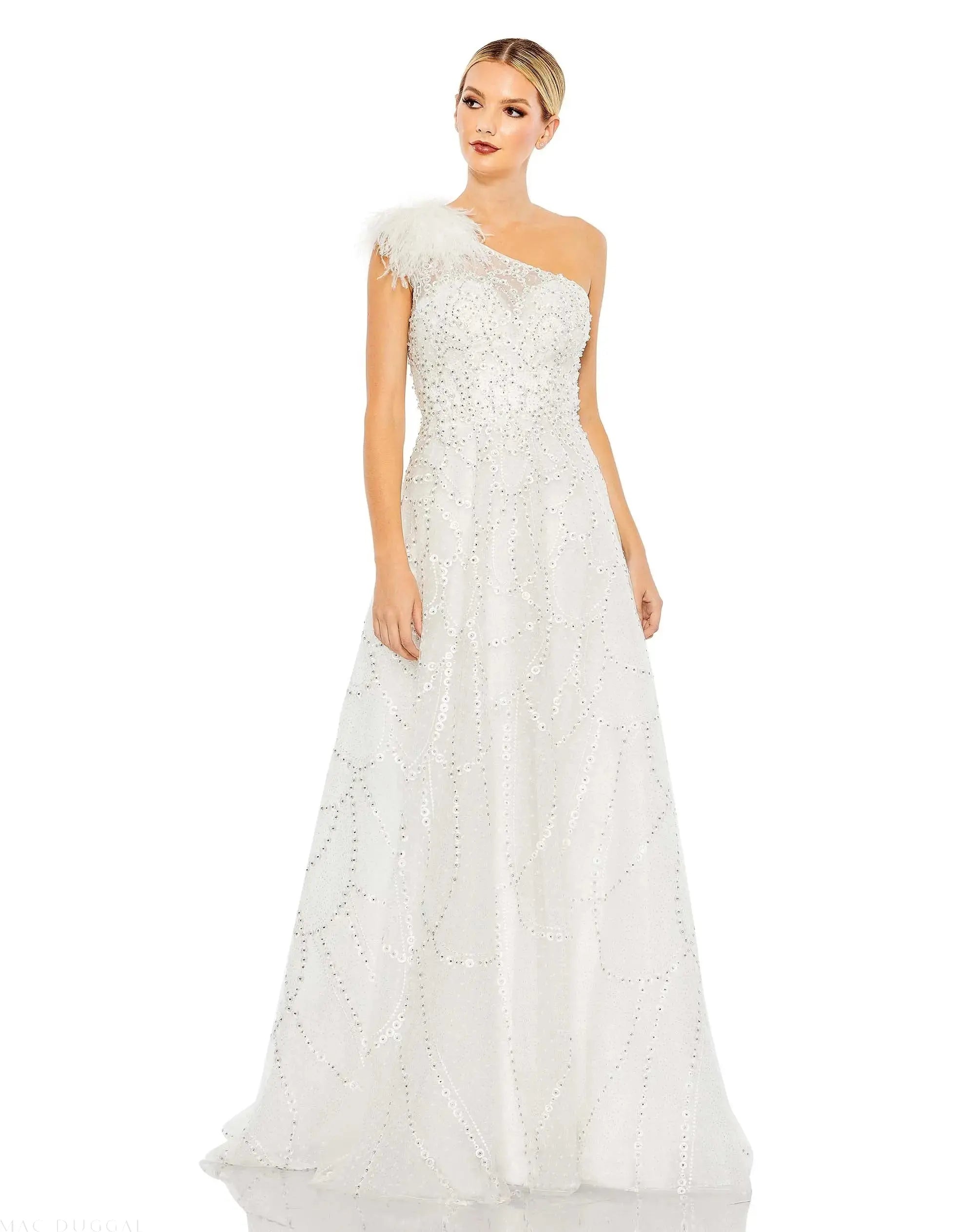 White Embellished One Shoulder A Line Gown - FINAL SALE-Myartka