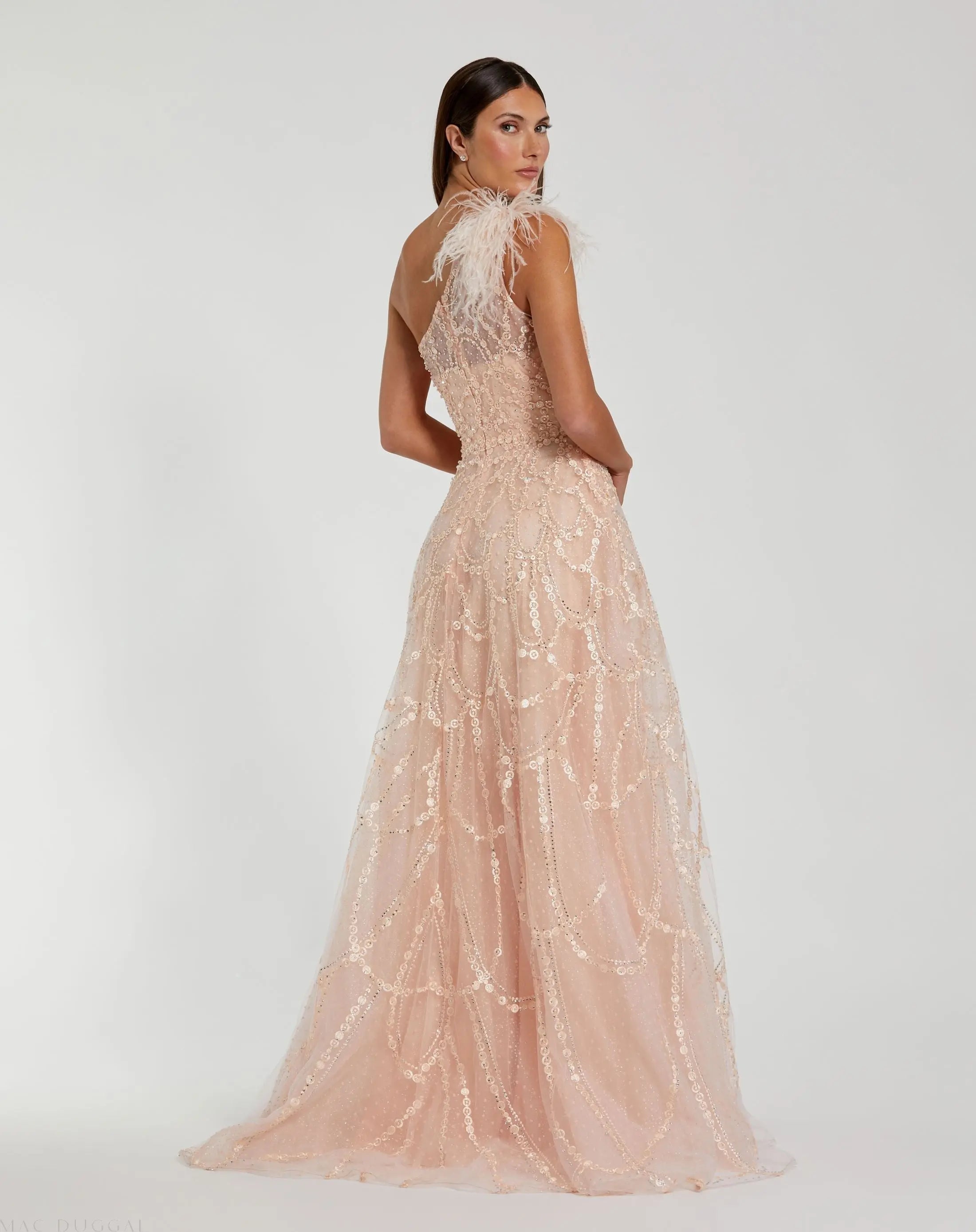 Pink Embellished One Shoulder A Line Gown-Myartka