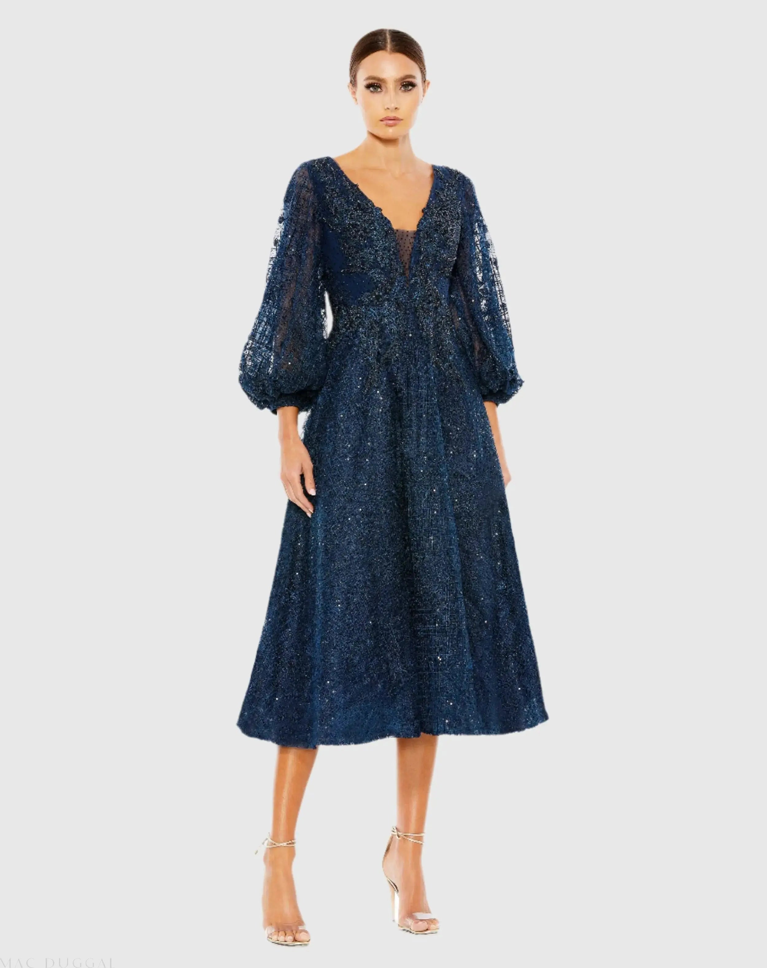 Navy Embellished Plunge Neck Bishop Sleeve Dress-Myartka
