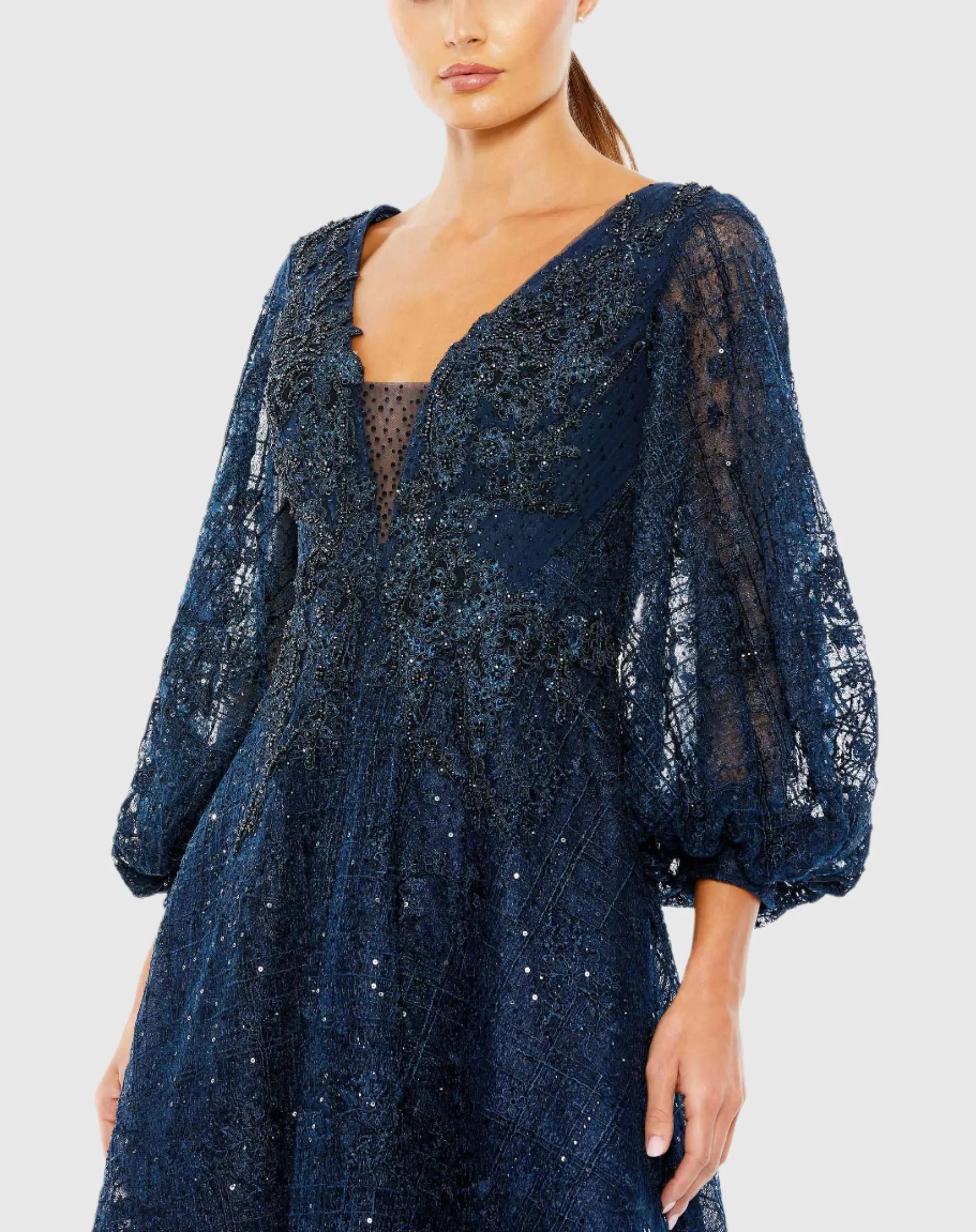 Navy Embellished Plunge Neck Bishop Sleeve Dress-Myartka