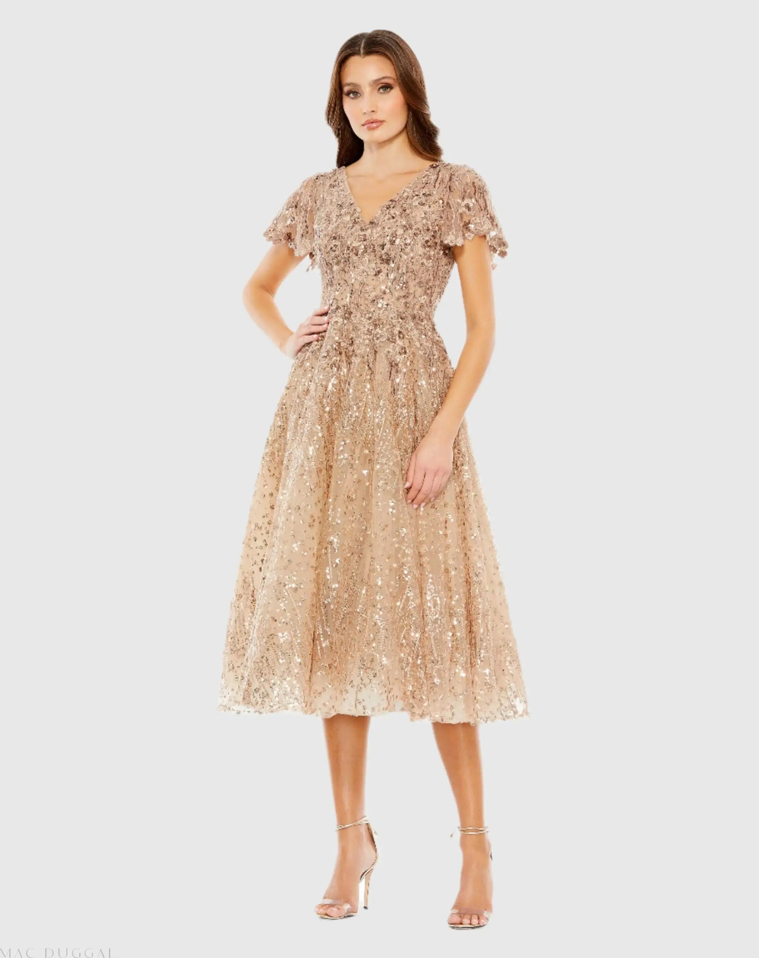 Embellished Butterfly Fit and Flare Tea-Length Dress-Myartka
