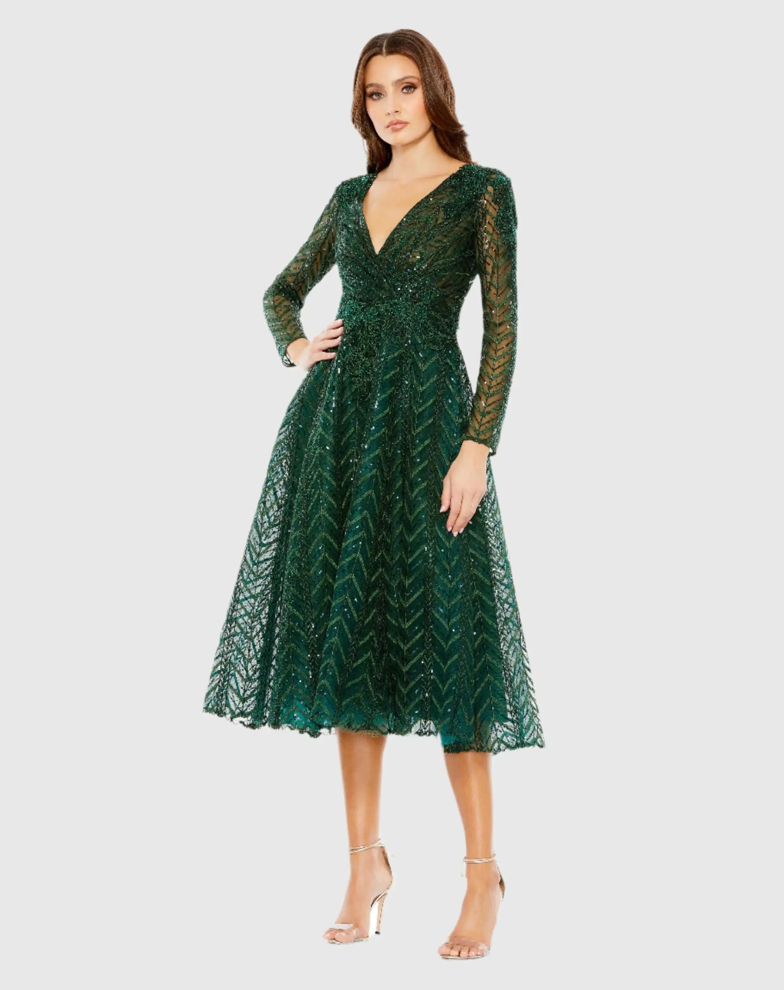 Embellished Long Sleeve Wrap Over Dress-Myartka