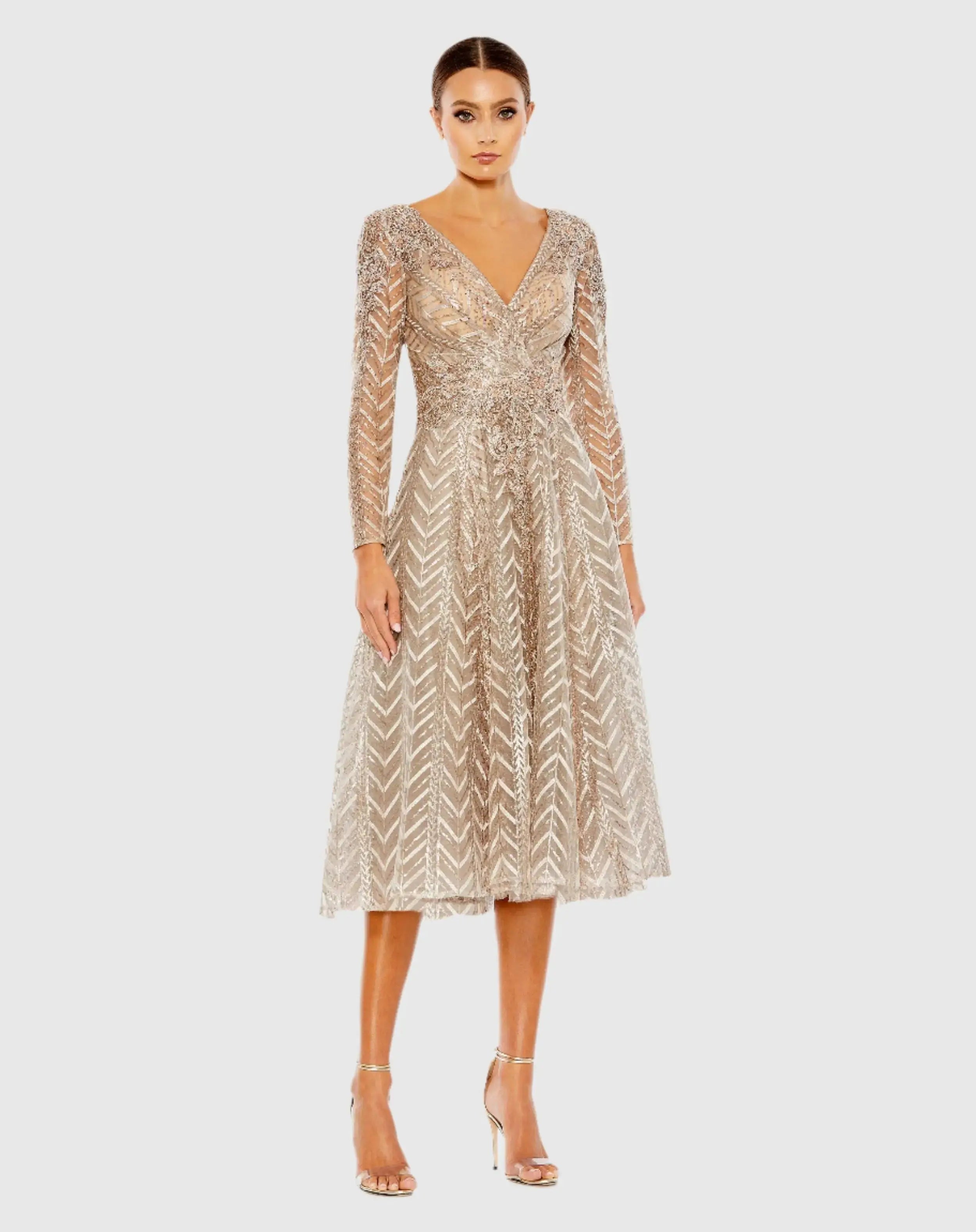 Beige Embellished Long Sleeve Wrap Over Dress-Myartka