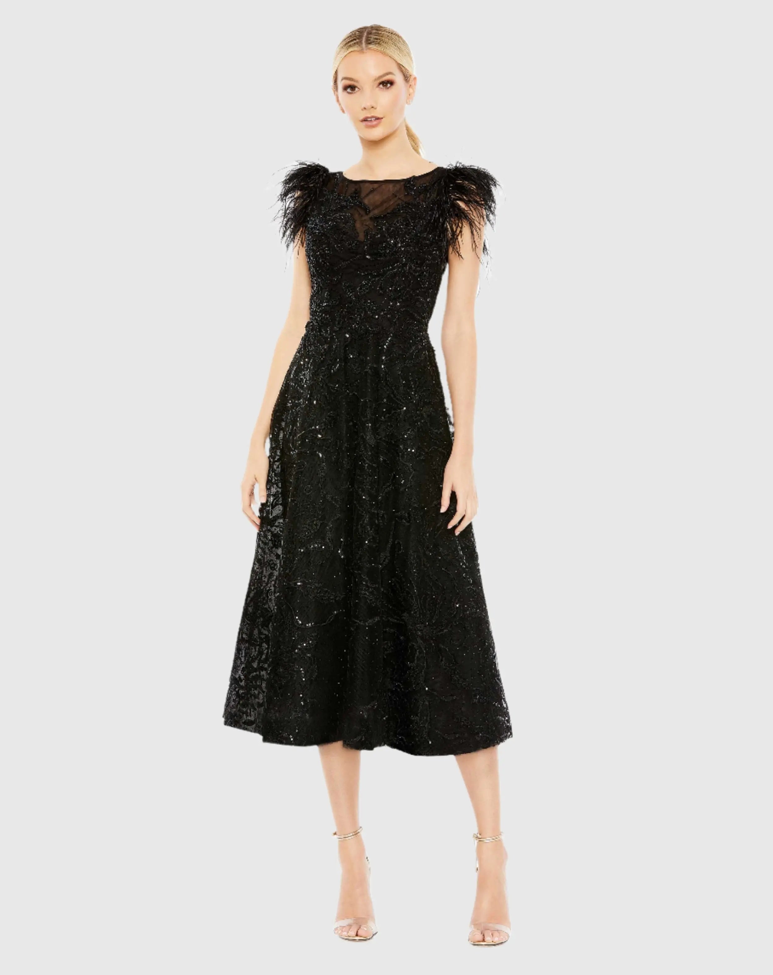 Black Feather Shoulder Embellished Dress-Myartka