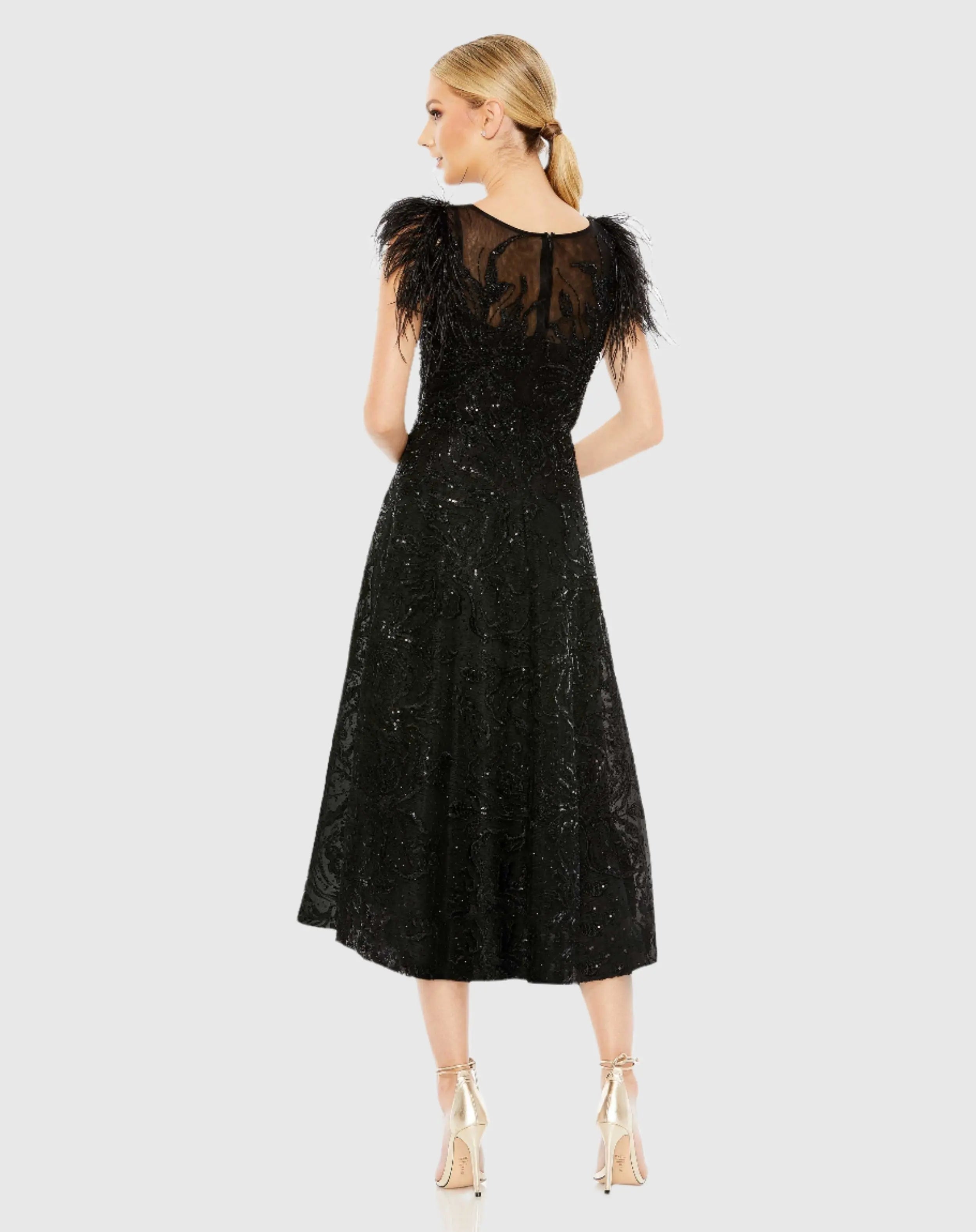 Black Feather Shoulder Embellished Dress-Myartka