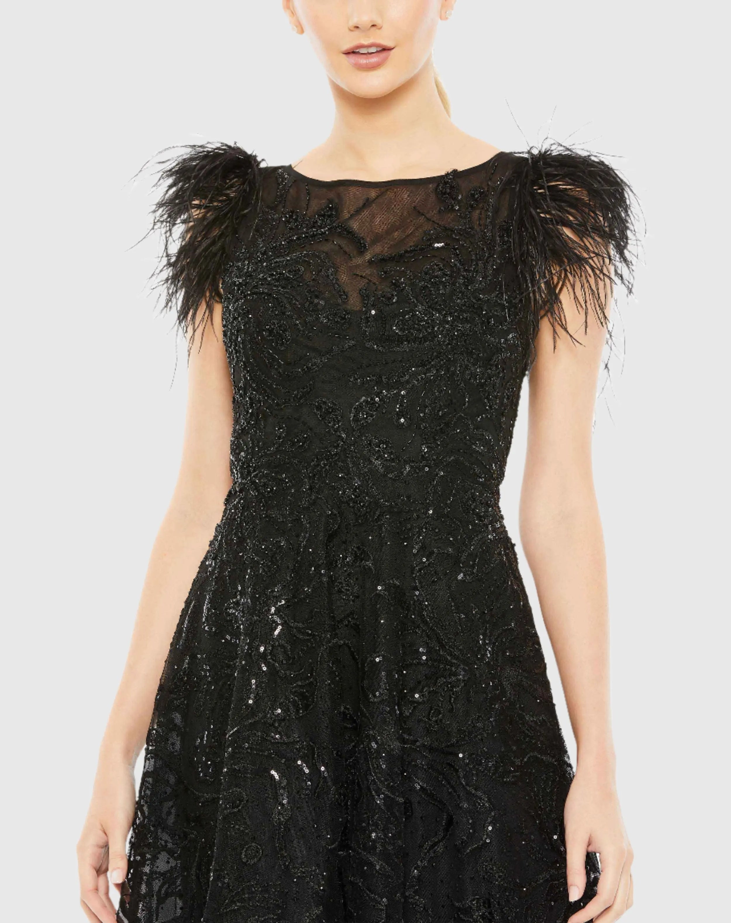 Black Feather Shoulder Embellished Dress-Myartka