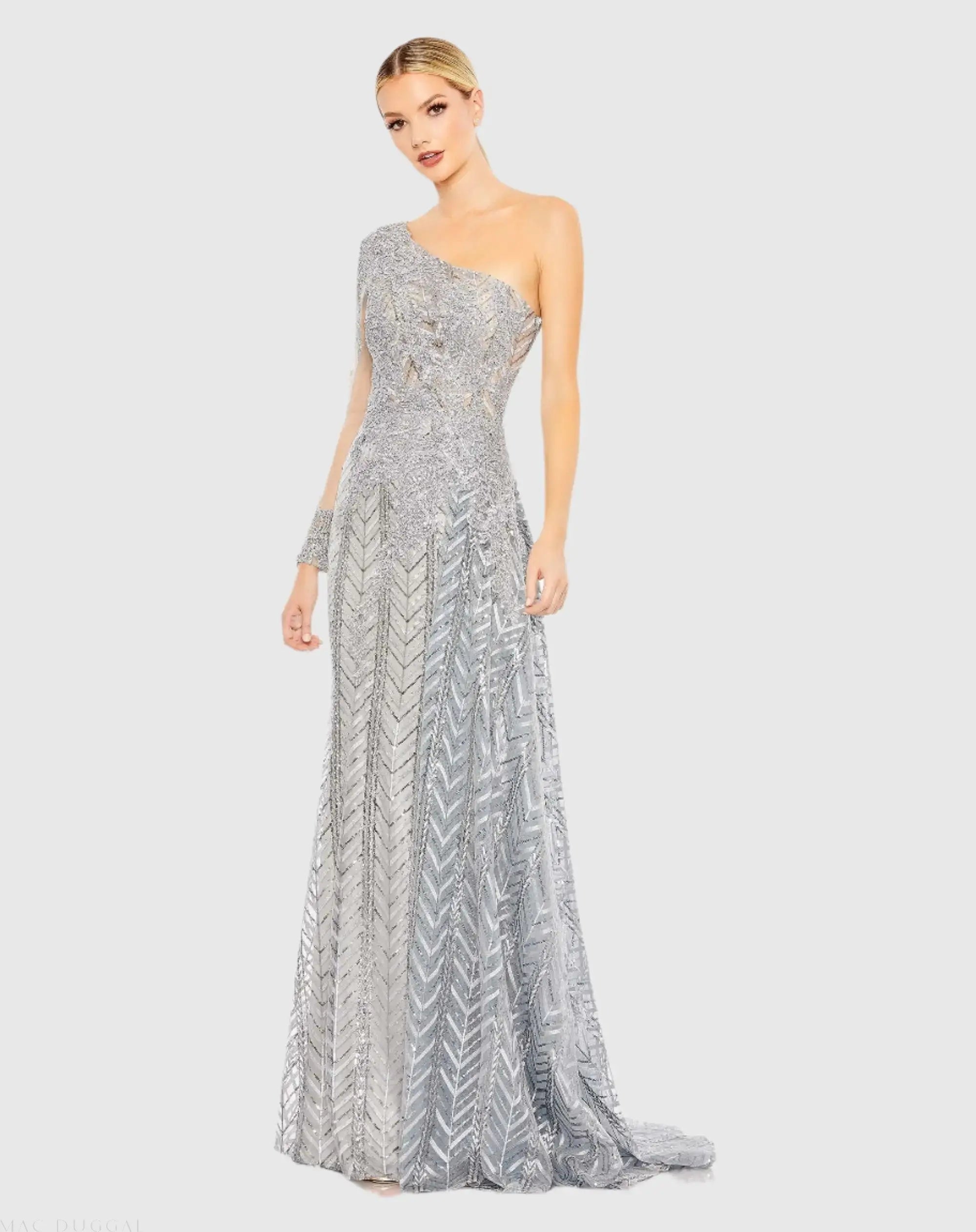 Silver Embellished One Shoulder A Line Gown-Myartka