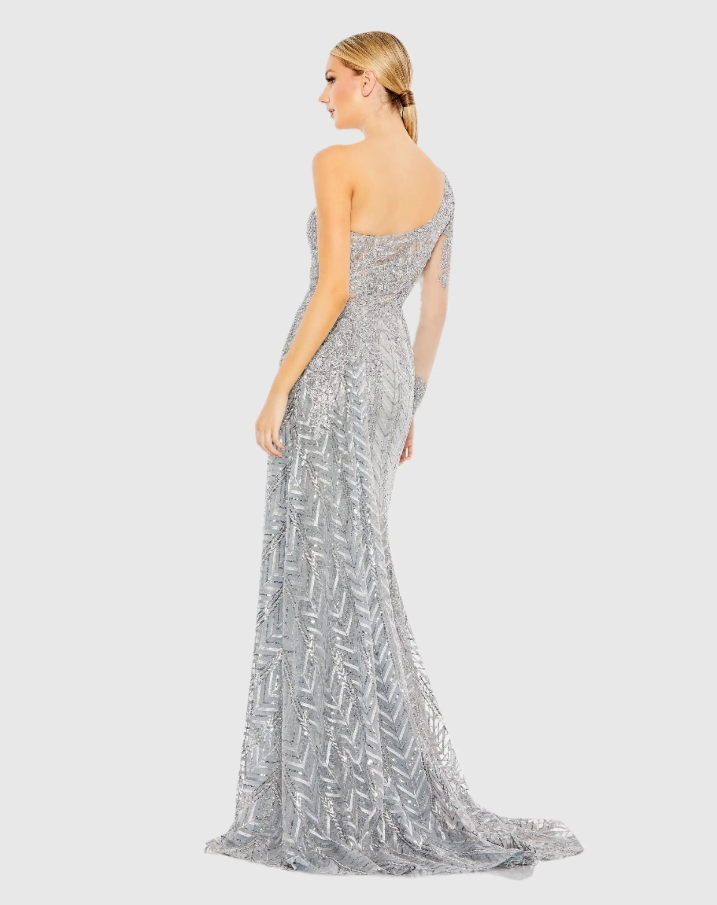 Silver Embellished One Shoulder A Line Gown-Myartka