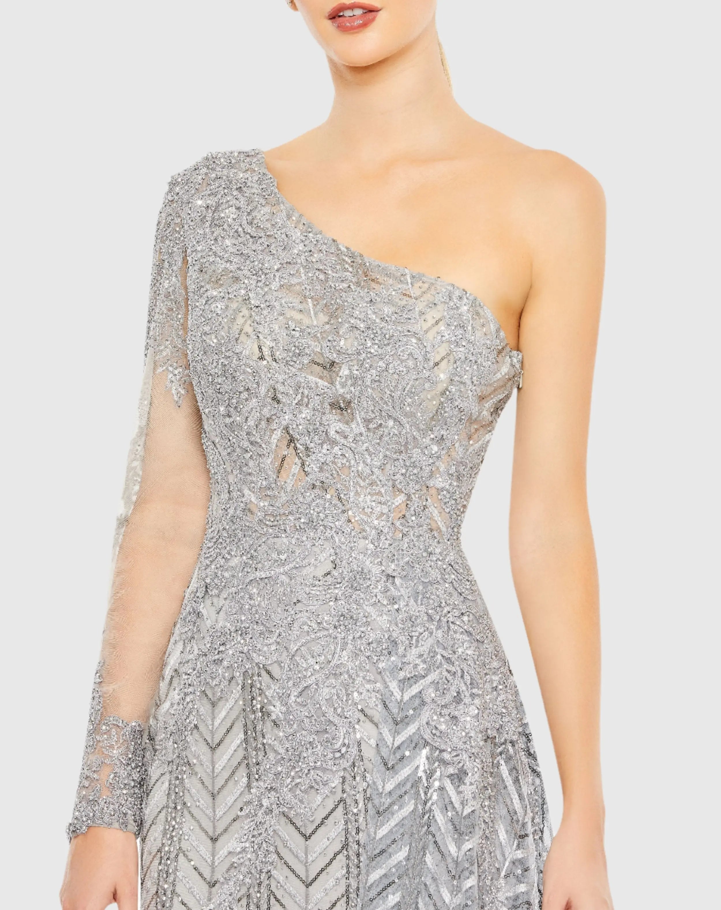 Silver Embellished One Shoulder A Line Gown-Myartka
