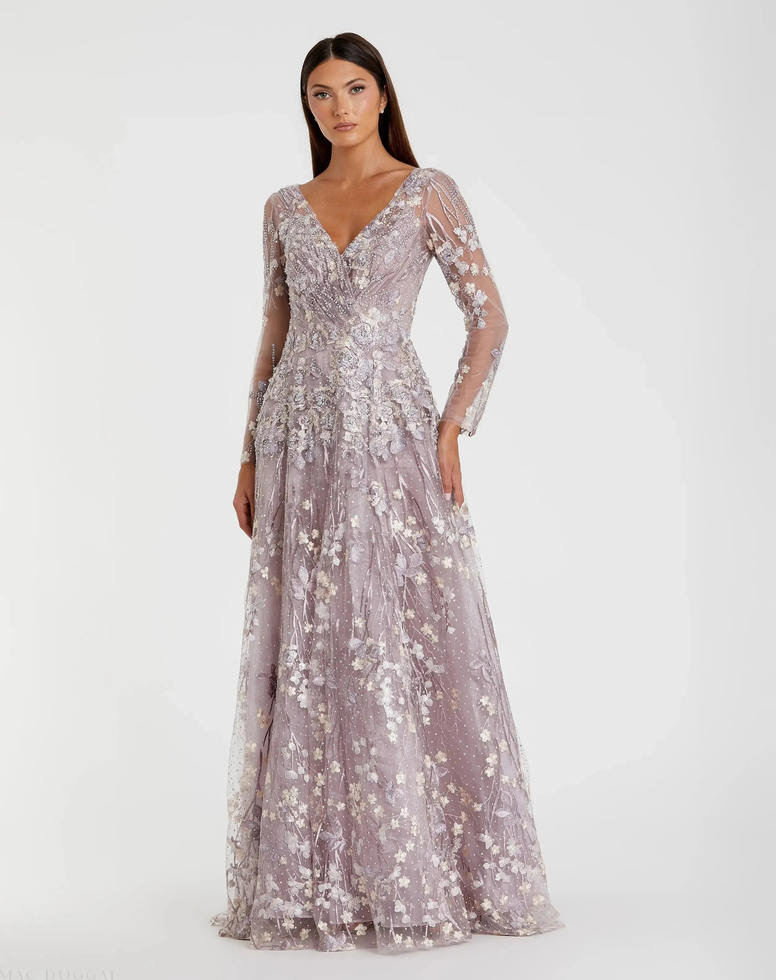 Embroidered Lace Wrap Over Illusion Long Sleeve A Line Gown-Myartka