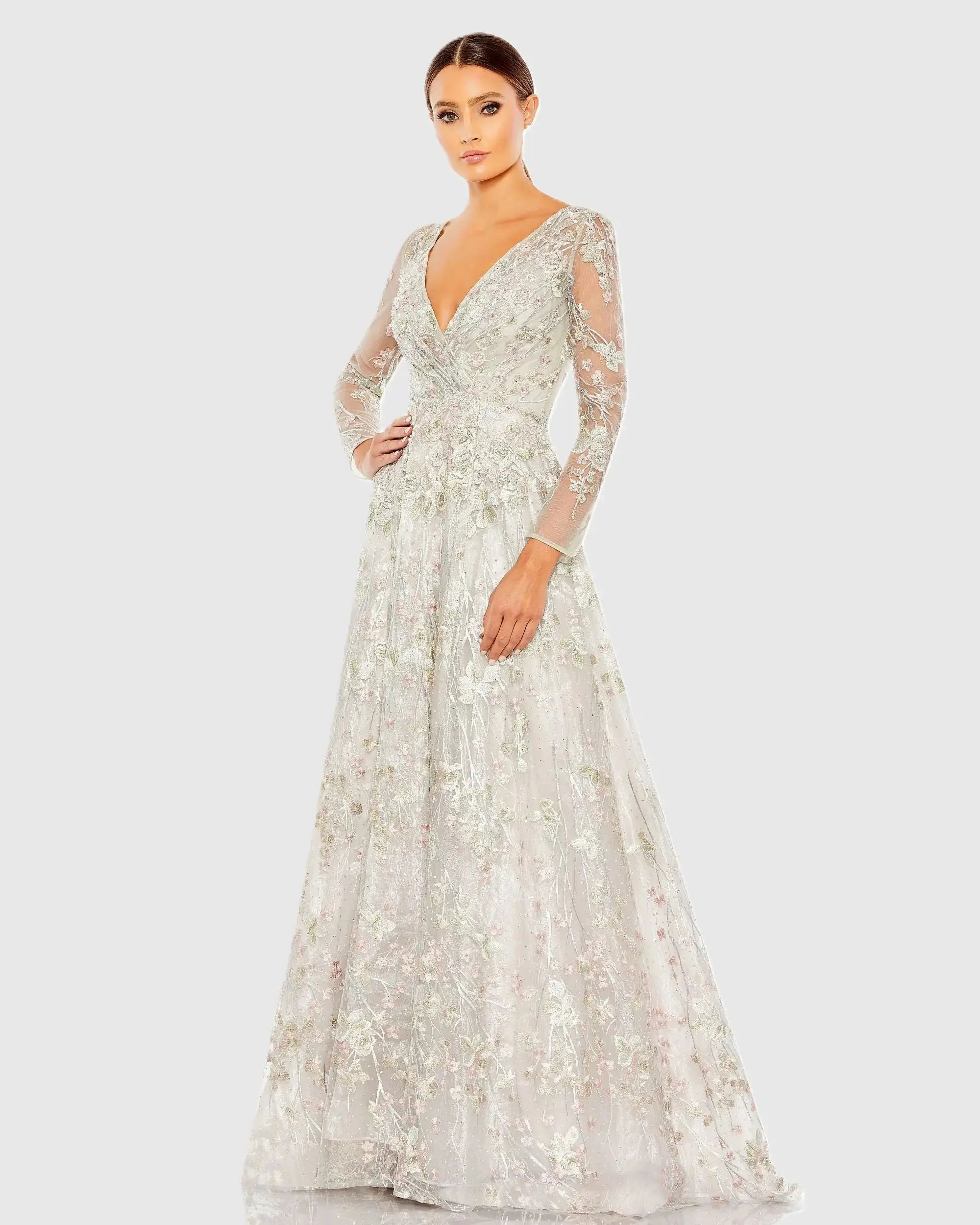 Embroidered Lace Wrap Over Illusion Long Sleeve A Line Gown-Myartka