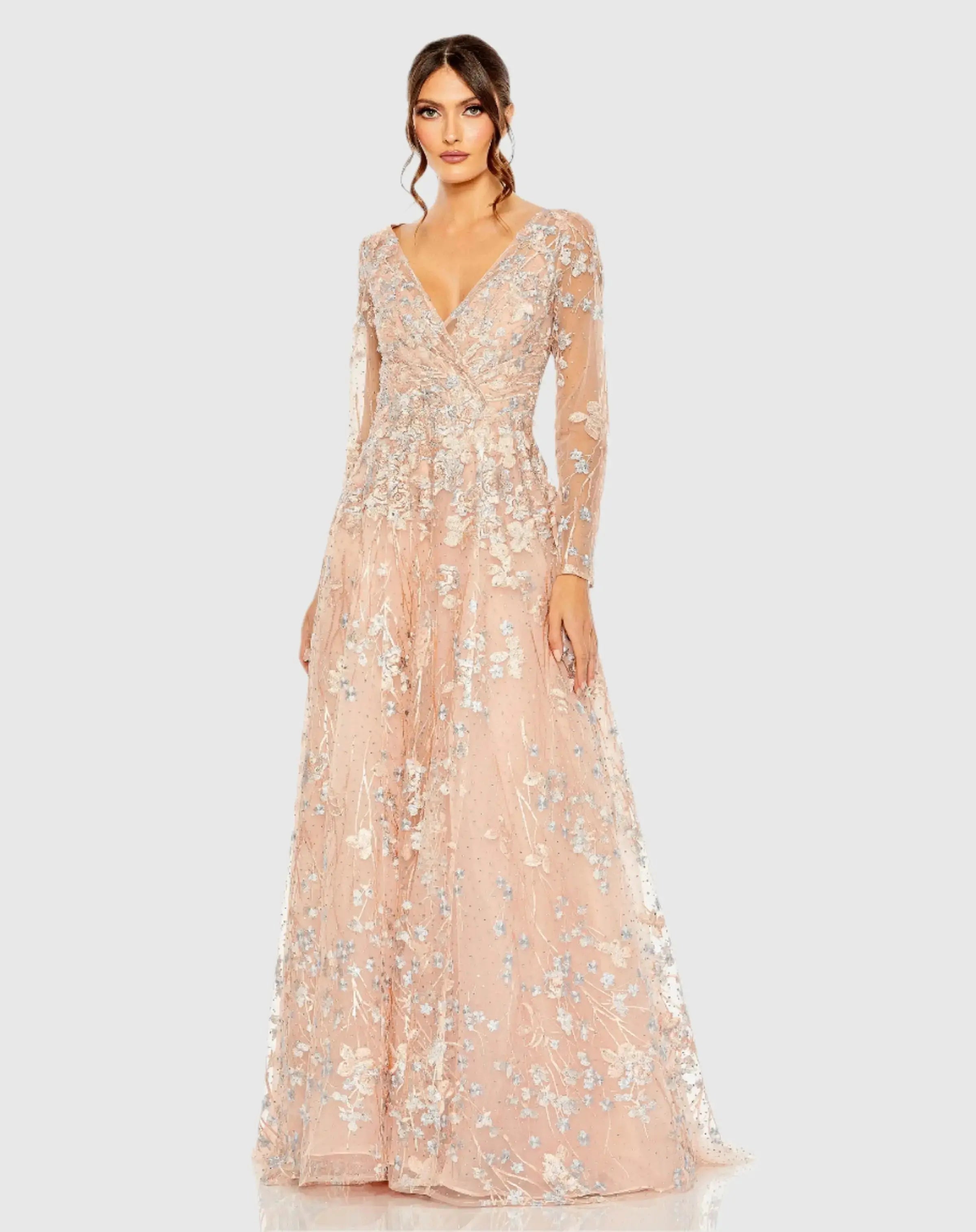 Pink Embroidered Lace Wrap Over Illusion Long Sleeve A Line Gown-Myartka