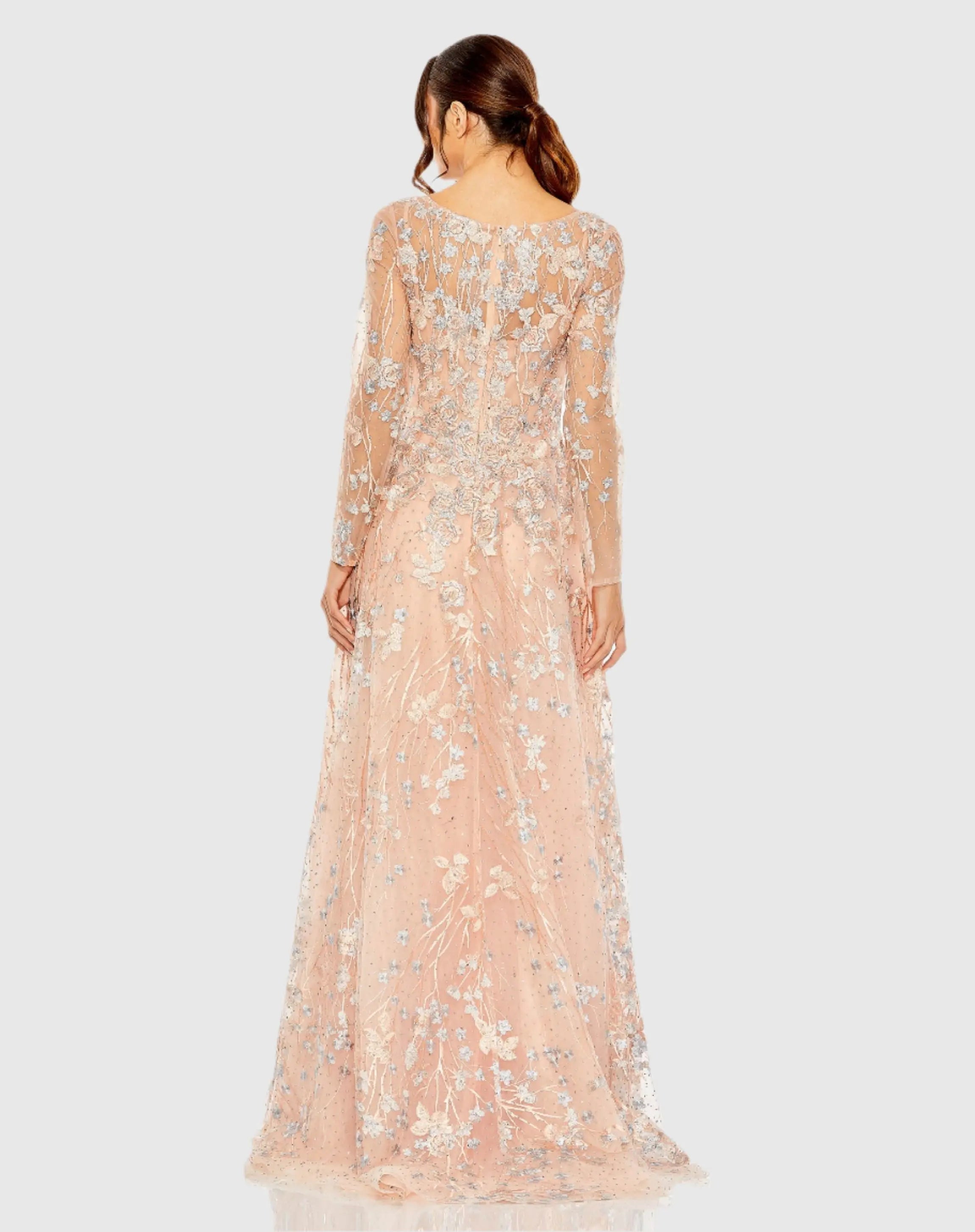 Pink Embroidered Lace Wrap Over Illusion Long Sleeve A Line Gown-Myartka