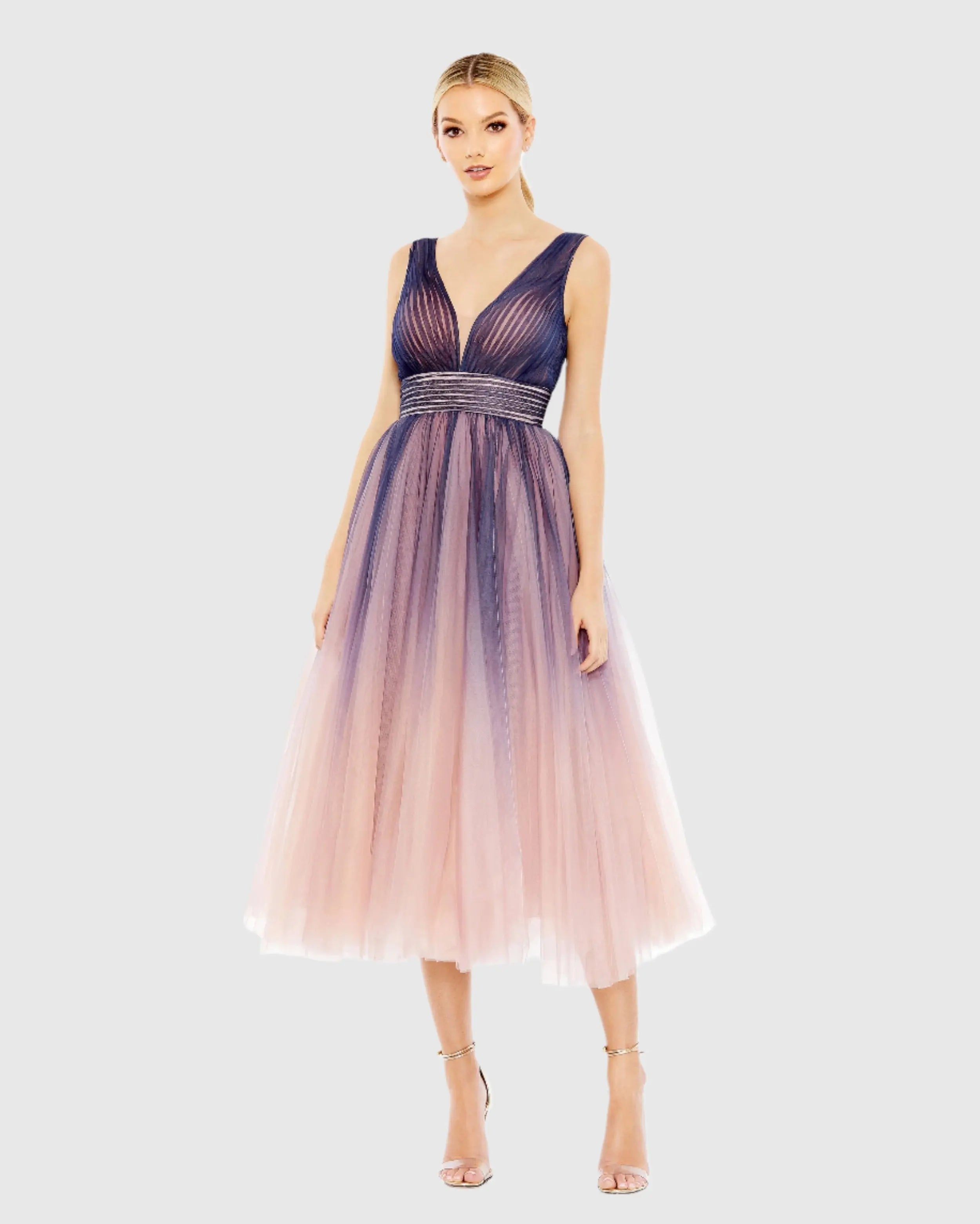 Purple Ombre Sleeveless V Neck Midi Dress-Myartka