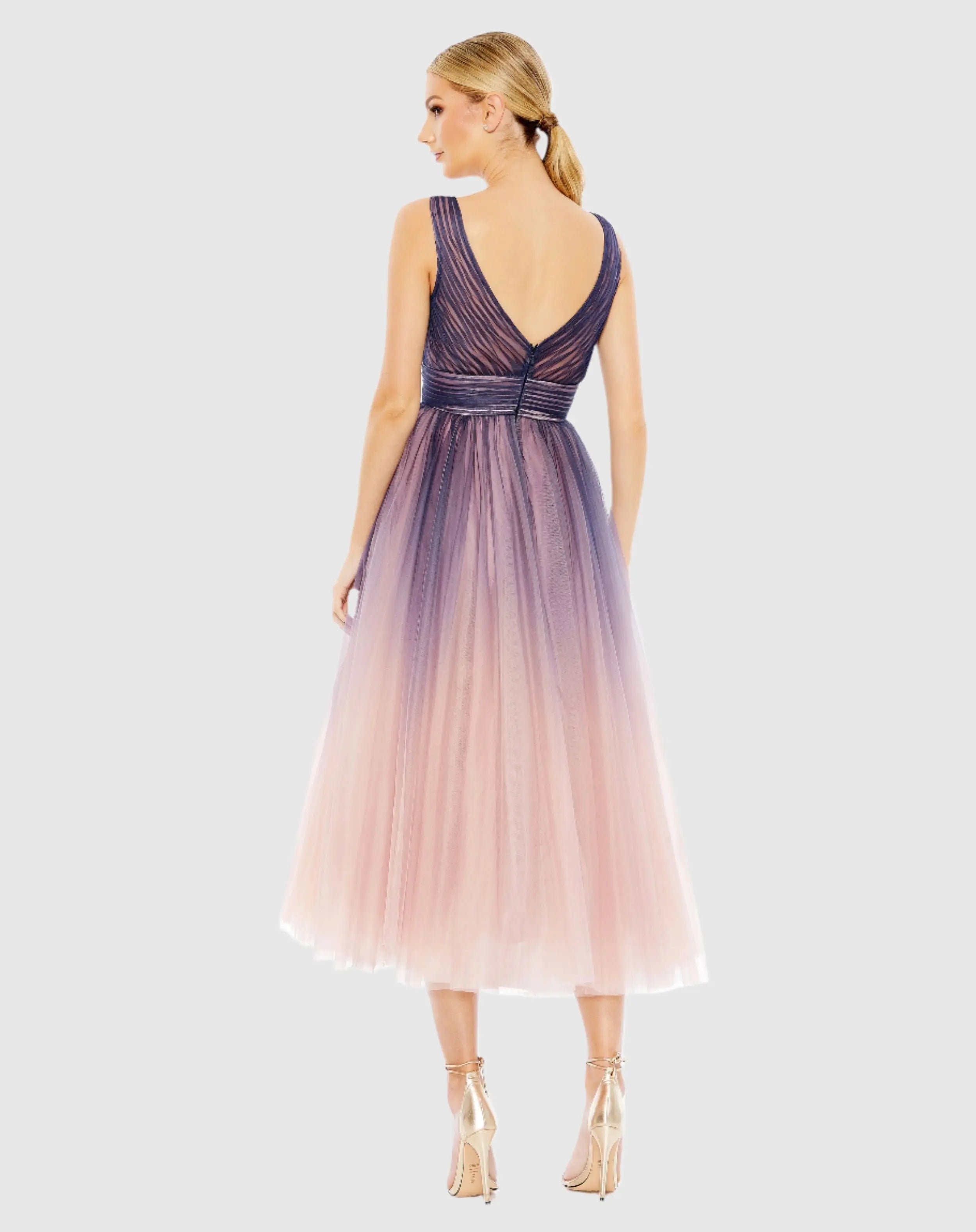 Purple Ombre Sleeveless V Neck Midi Dress-Myartka