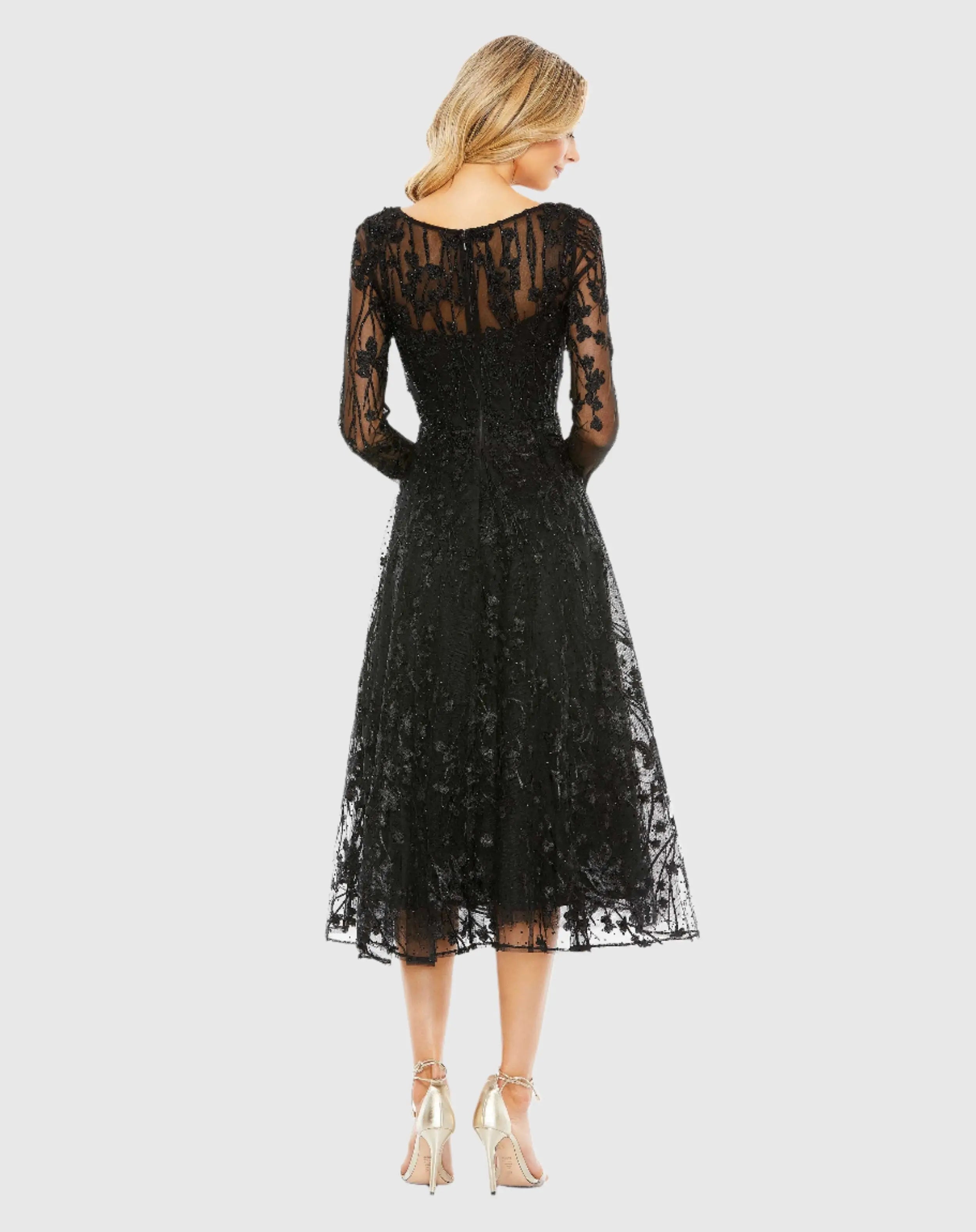 Black Embellished Floral Long Sleeve Dress-Myartka
