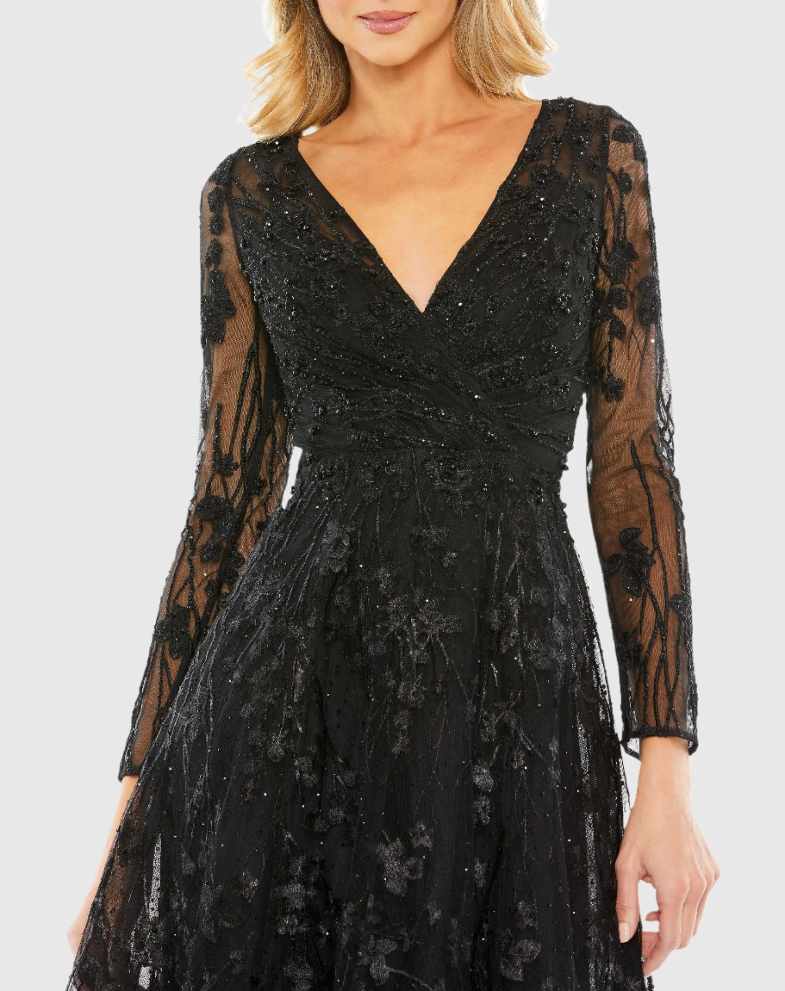 Black Embellished Floral Long Sleeve Dress-Myartka