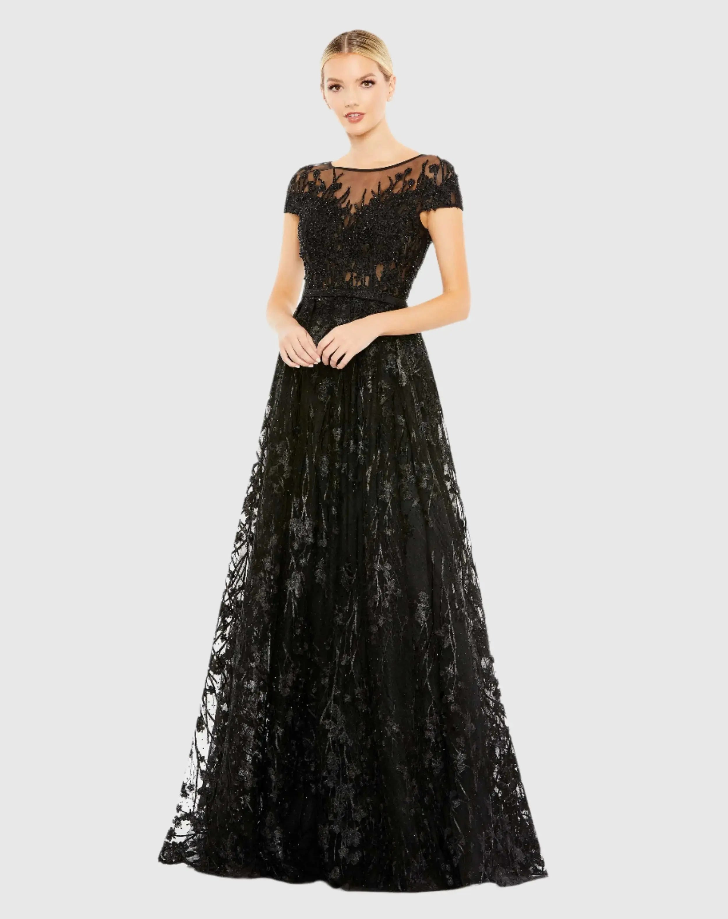Black Embellished Floral Cap Sleeve A Line Gown-Myartka