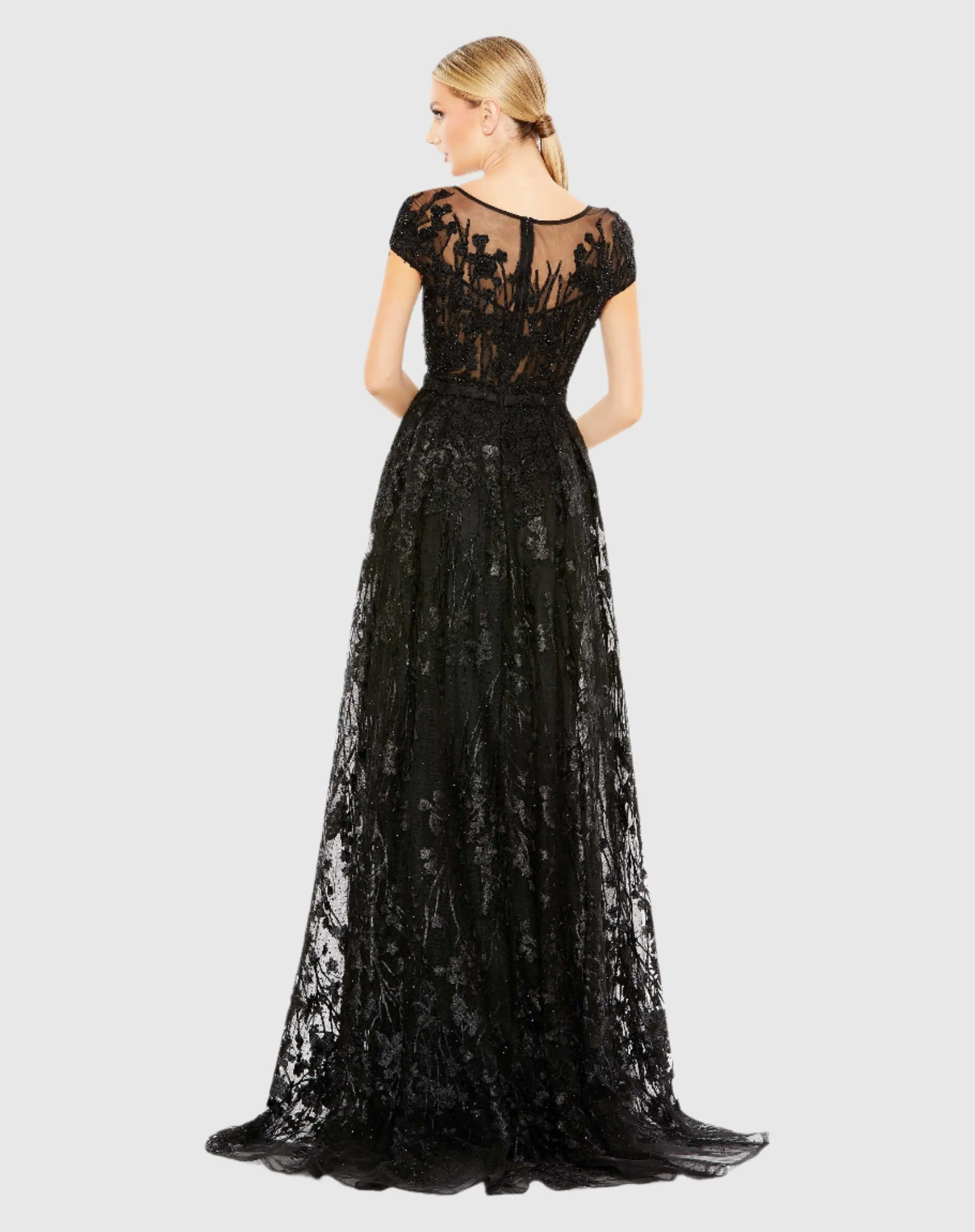 Black Embellished Floral Cap Sleeve A Line Gown-Myartka