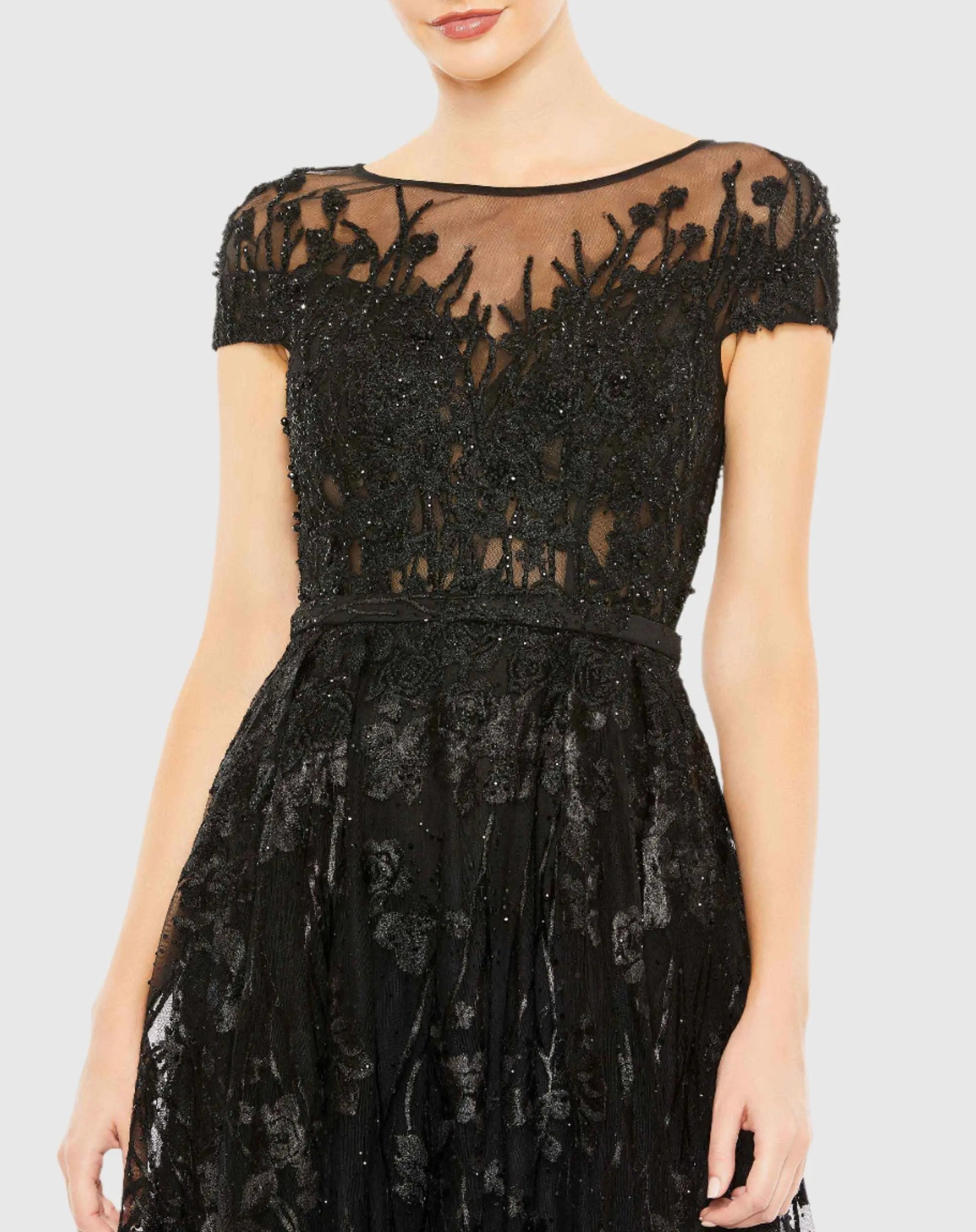 Black Embellished Floral Cap Sleeve A Line Gown-Myartka