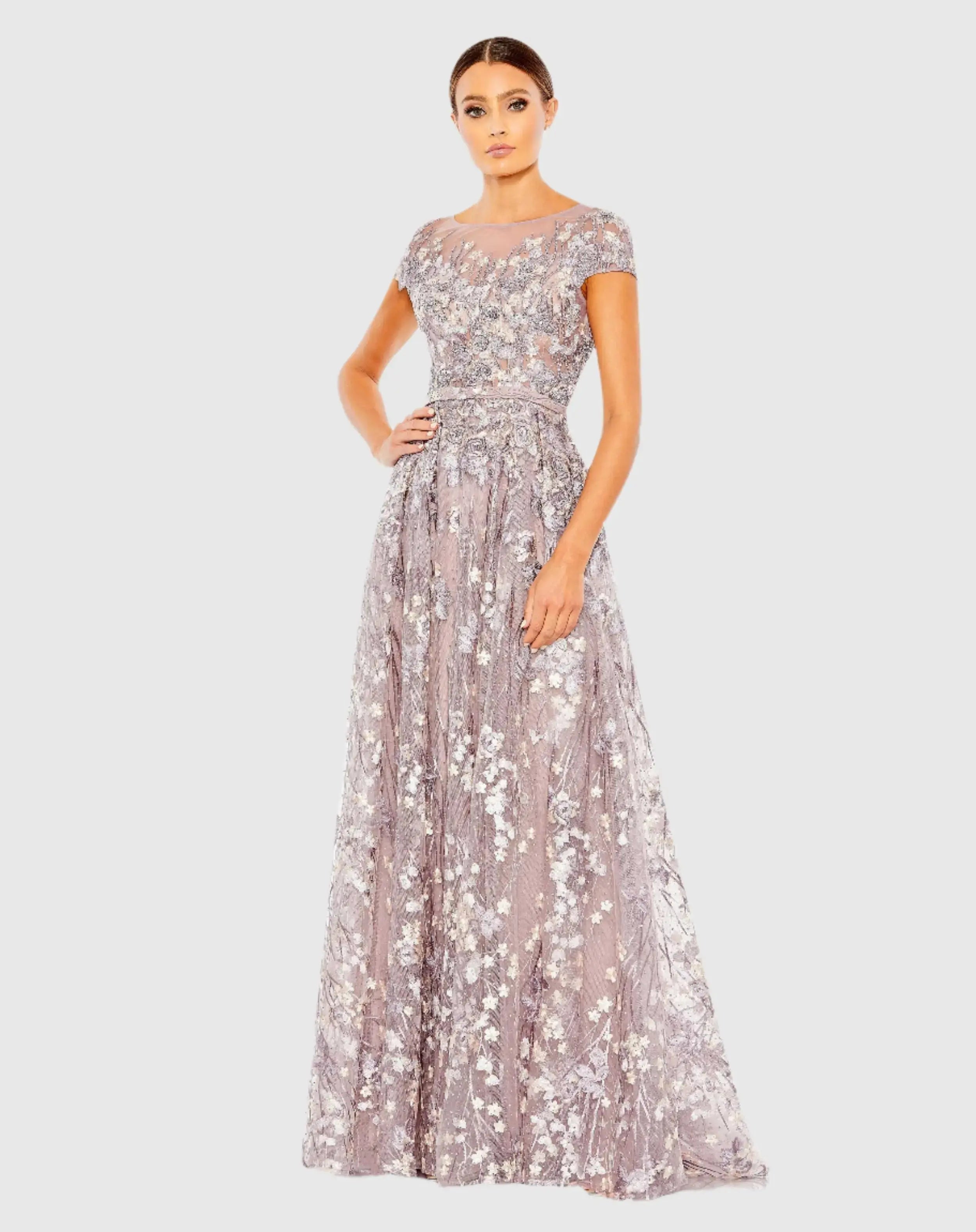 Light Purple Embellished Floral Cap Sleeve A Line Gown-Myartka