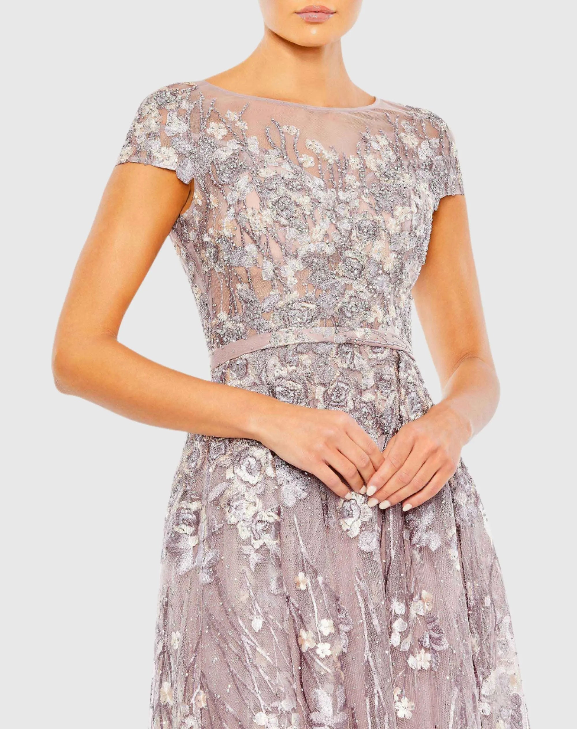 Light Purple Embellished Floral Cap Sleeve A Line Gown-Myartka
