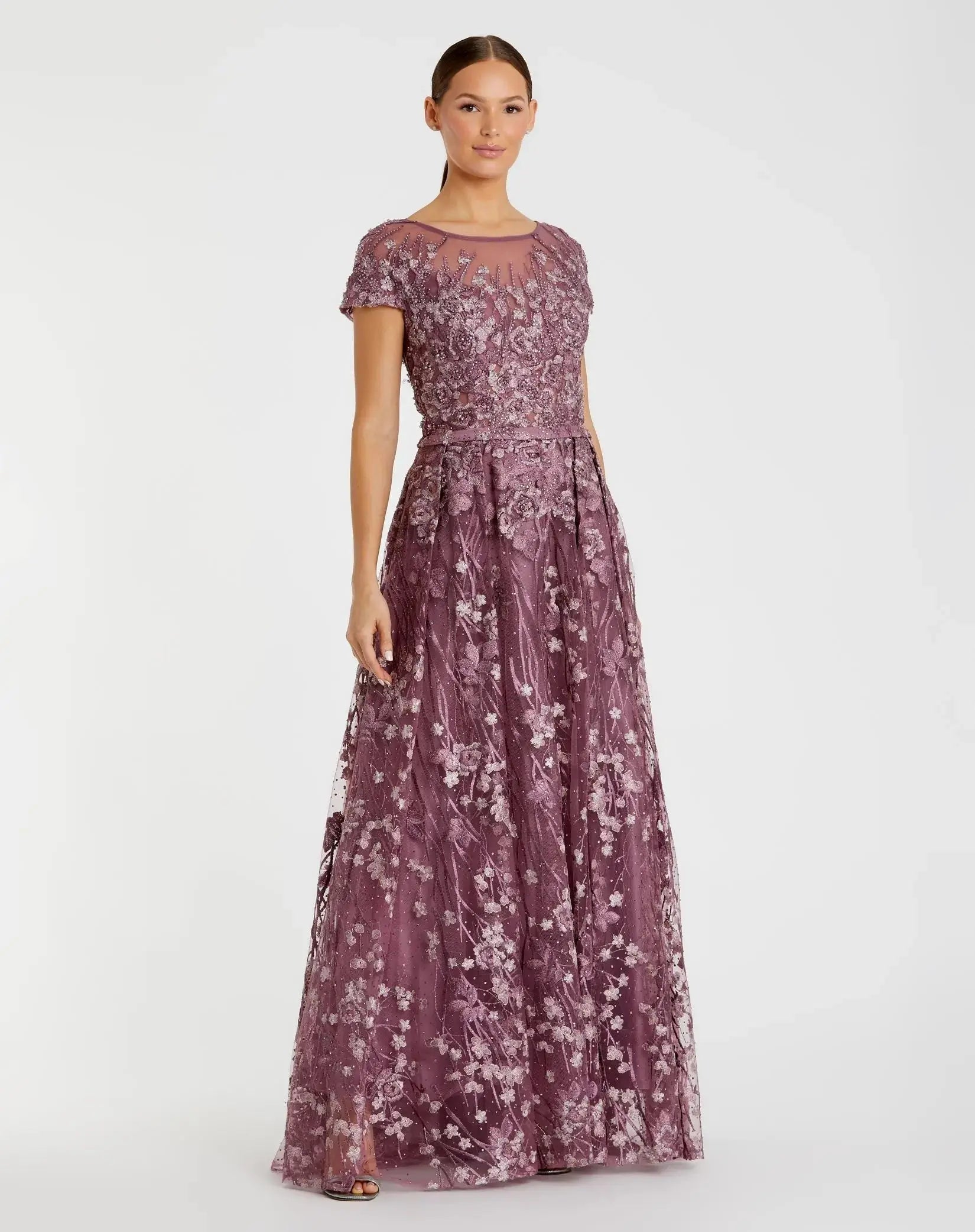 Purple Embellished Floral Cap Sleeve A Line Gown-Myartka