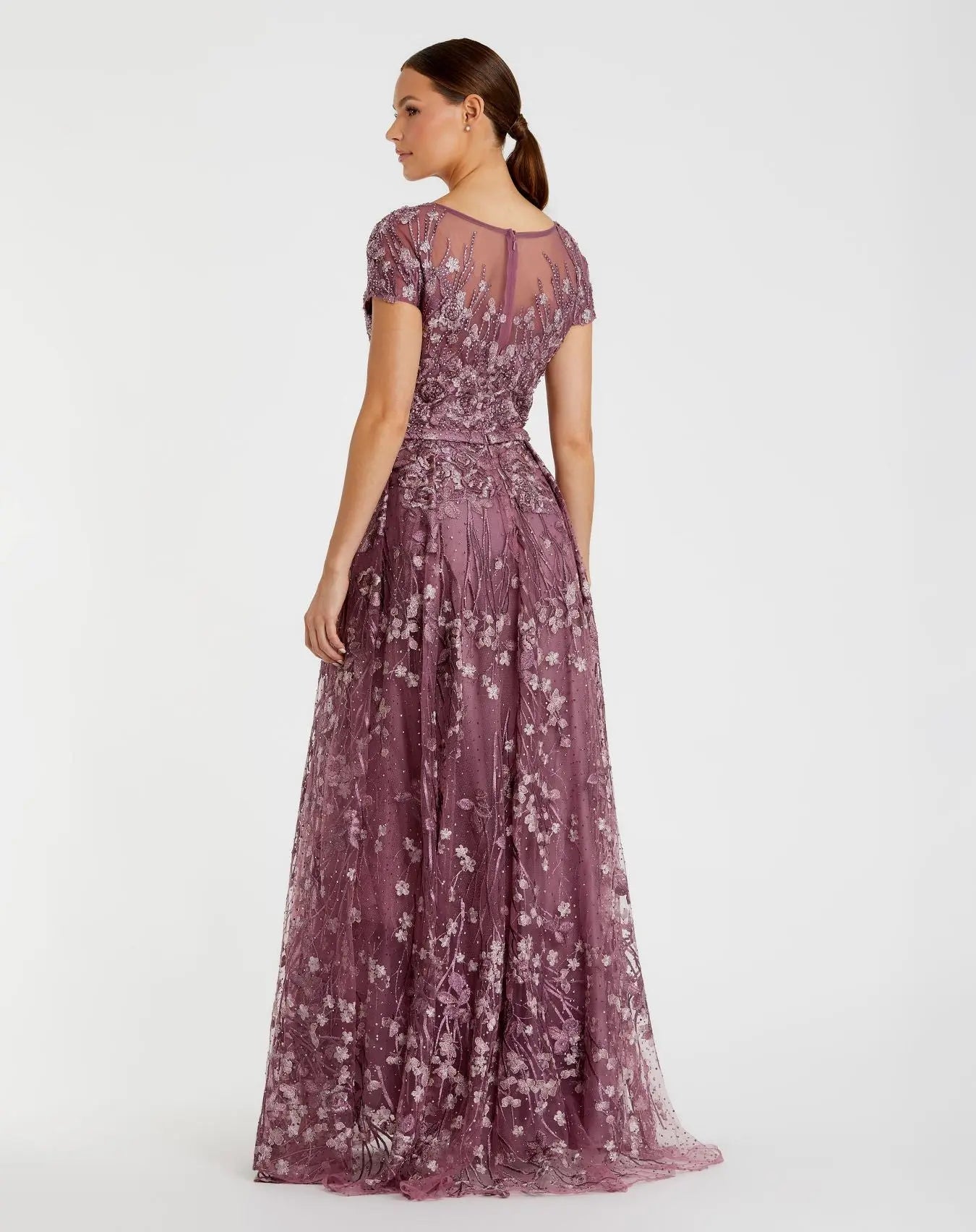 Purple Embellished Floral Cap Sleeve A Line Gown-Myartka