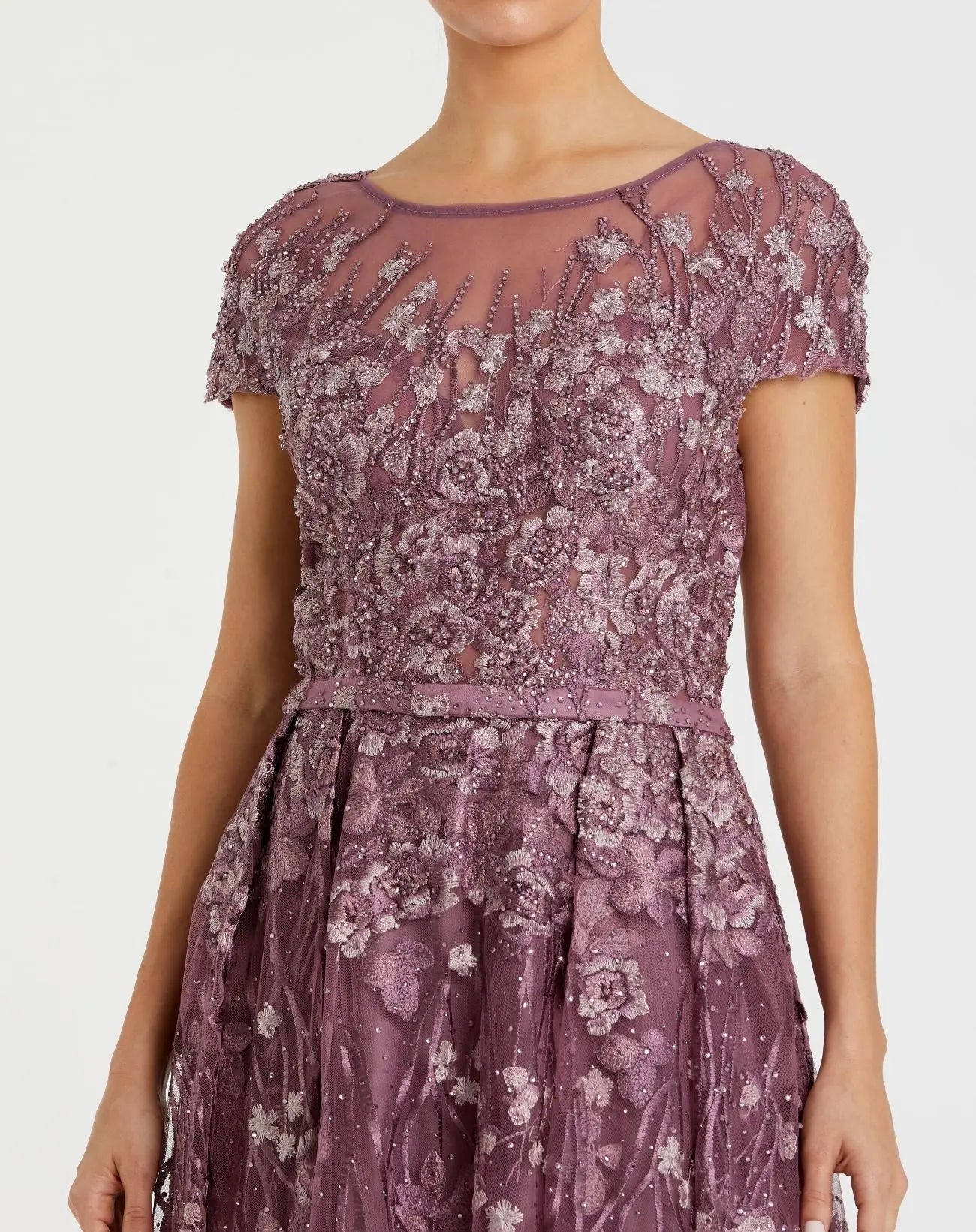 Purple Embellished Floral Cap Sleeve A Line Gown-Myartka