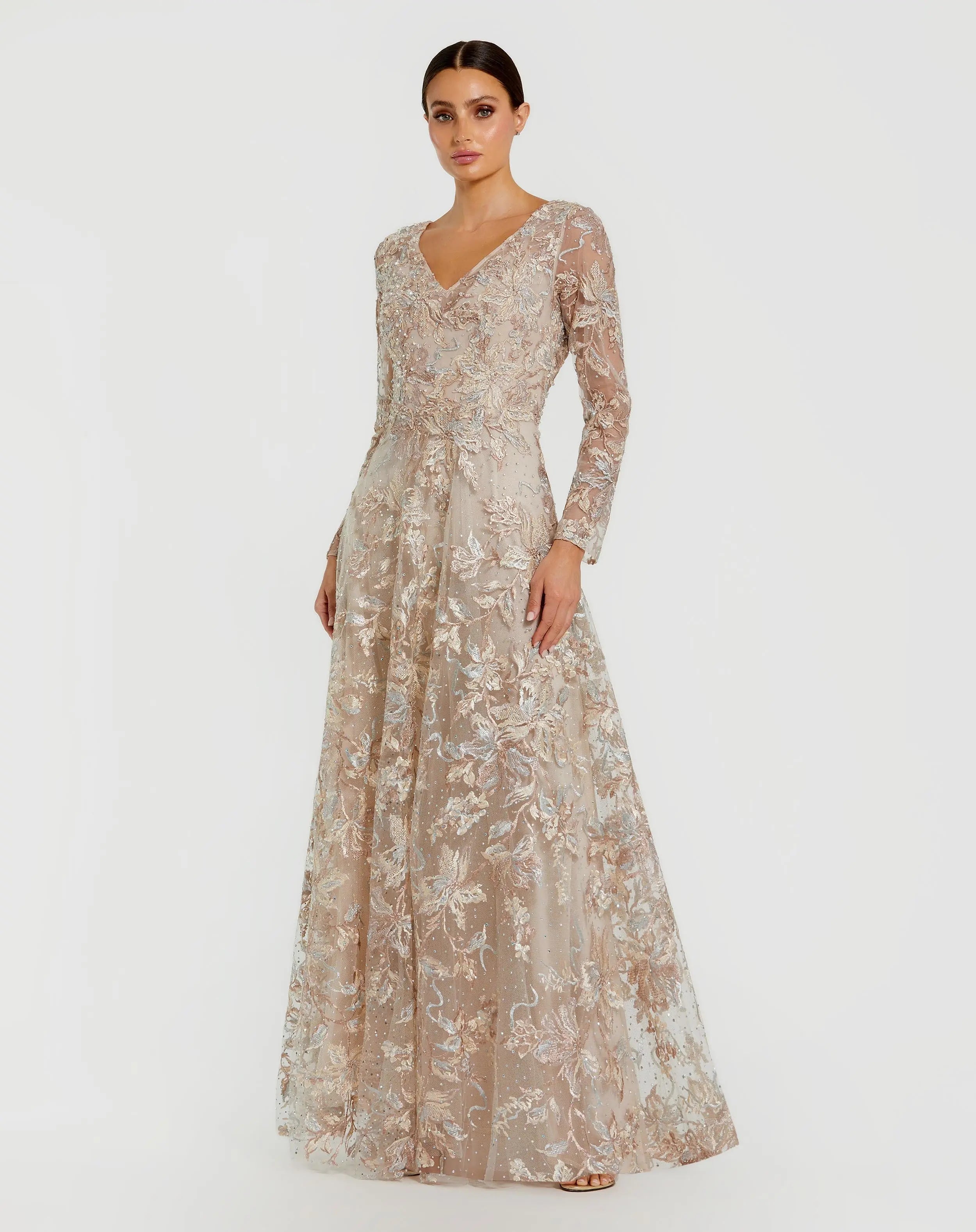 Beige Embroidered Long Sleeve A-Line Gown-Myartka