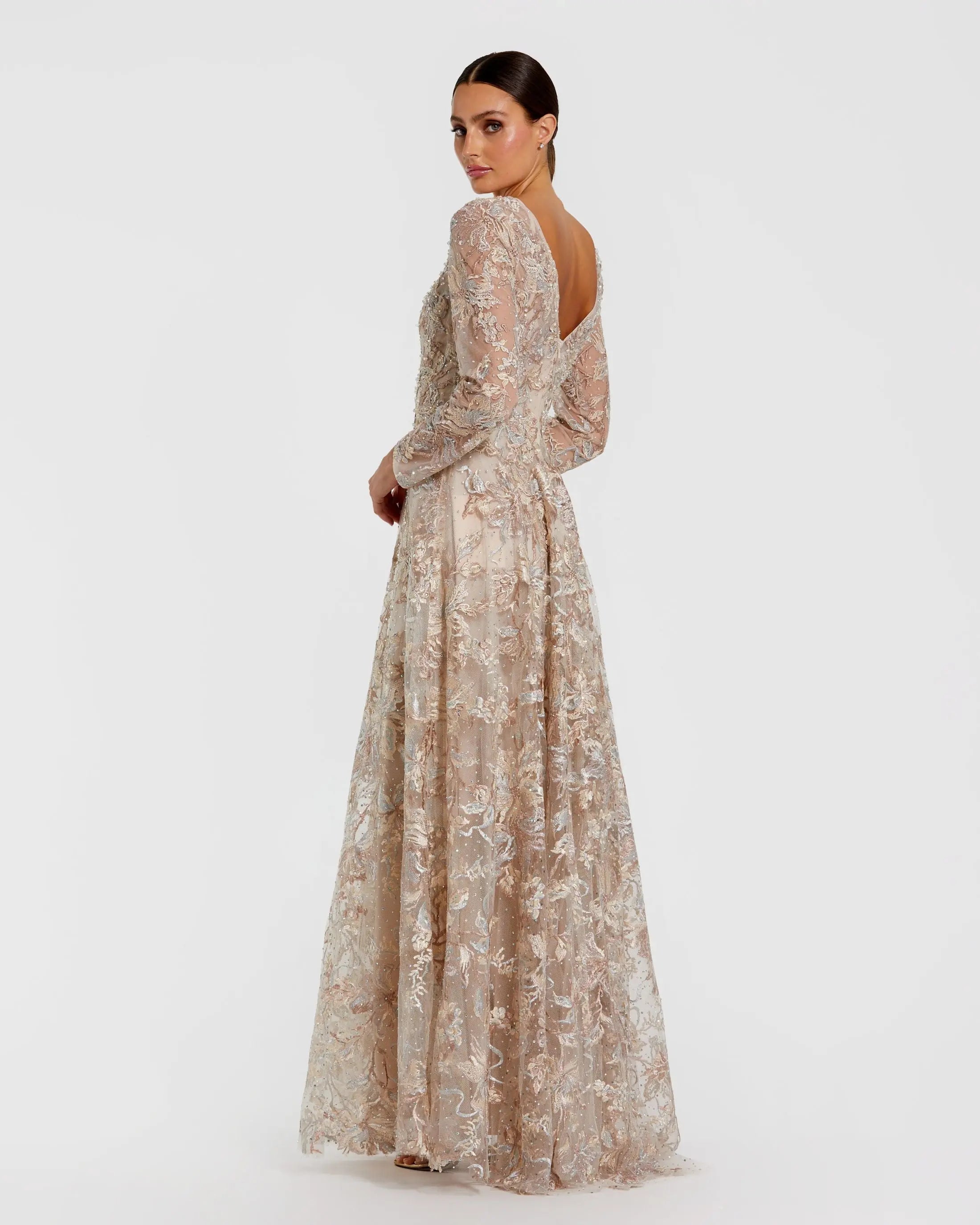Beige Embroidered Long Sleeve A-Line Gown-Myartka