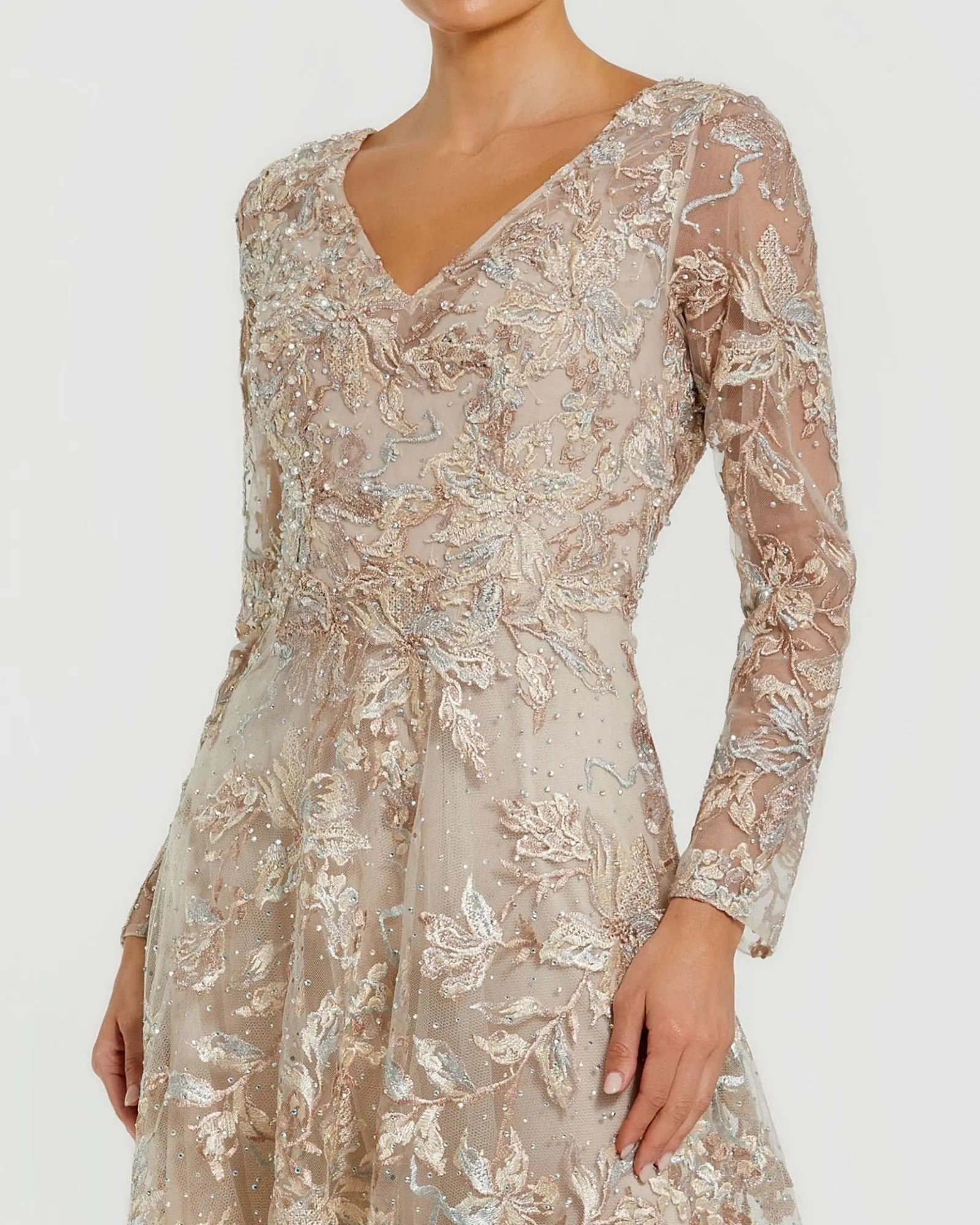 Beige Embroidered Long Sleeve A-Line Gown-Myartka