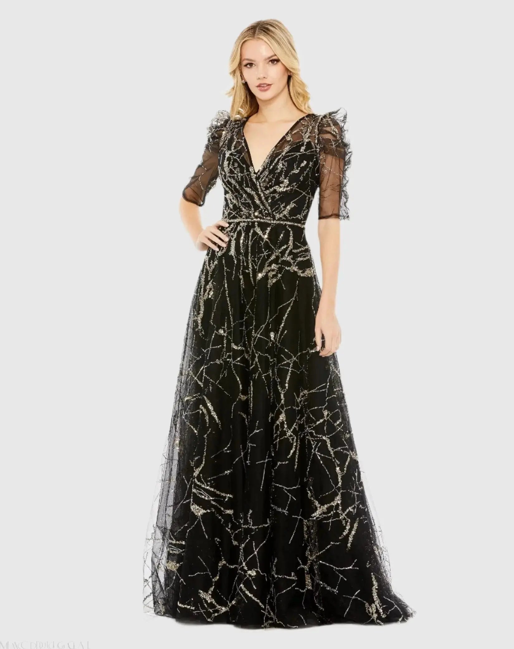 Embellished Gathered Puff Sleeve Faux Wrap Gown-Myartka