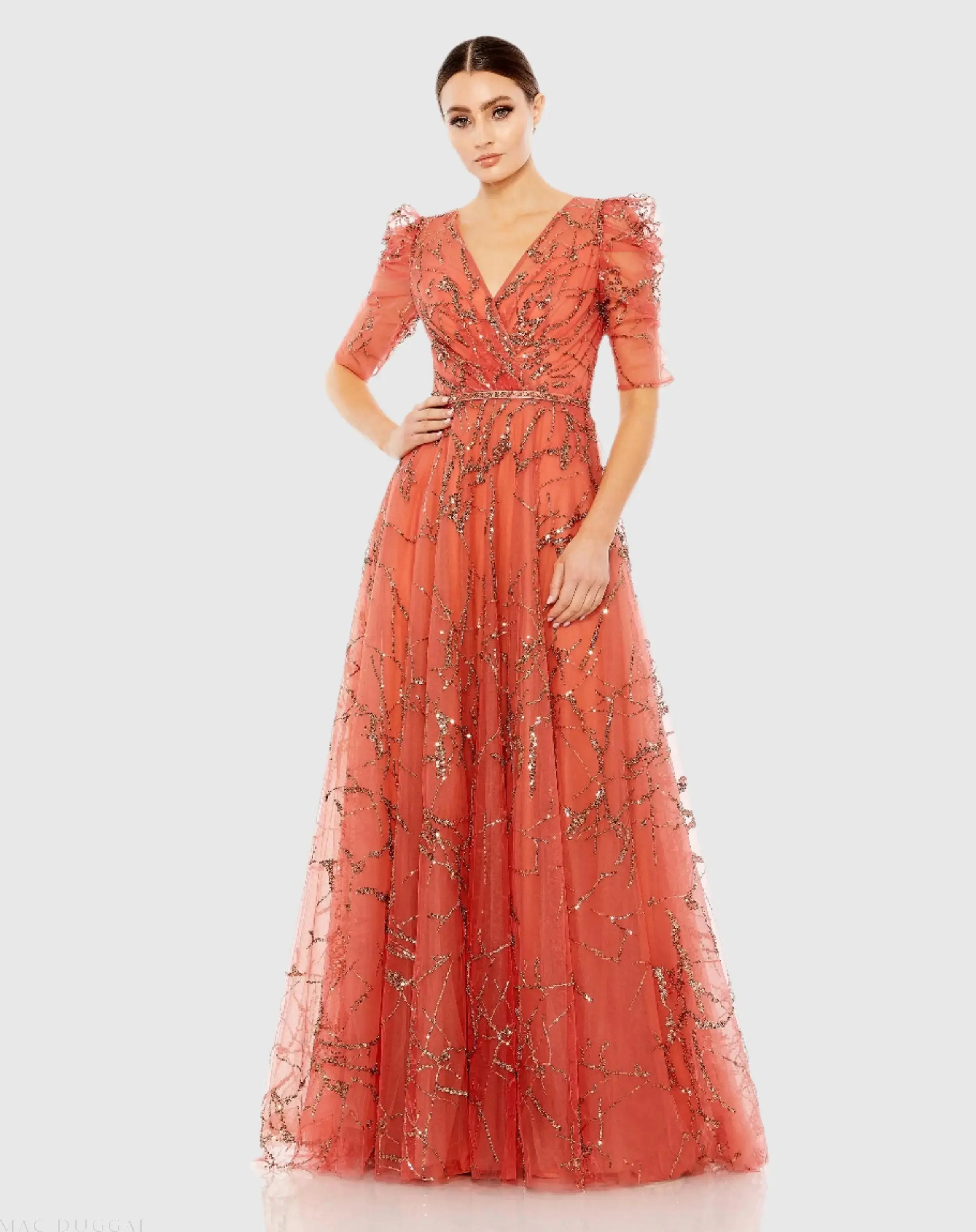 Embellished Gathered Puff Sleeve Faux Wrap Gown-Myartka