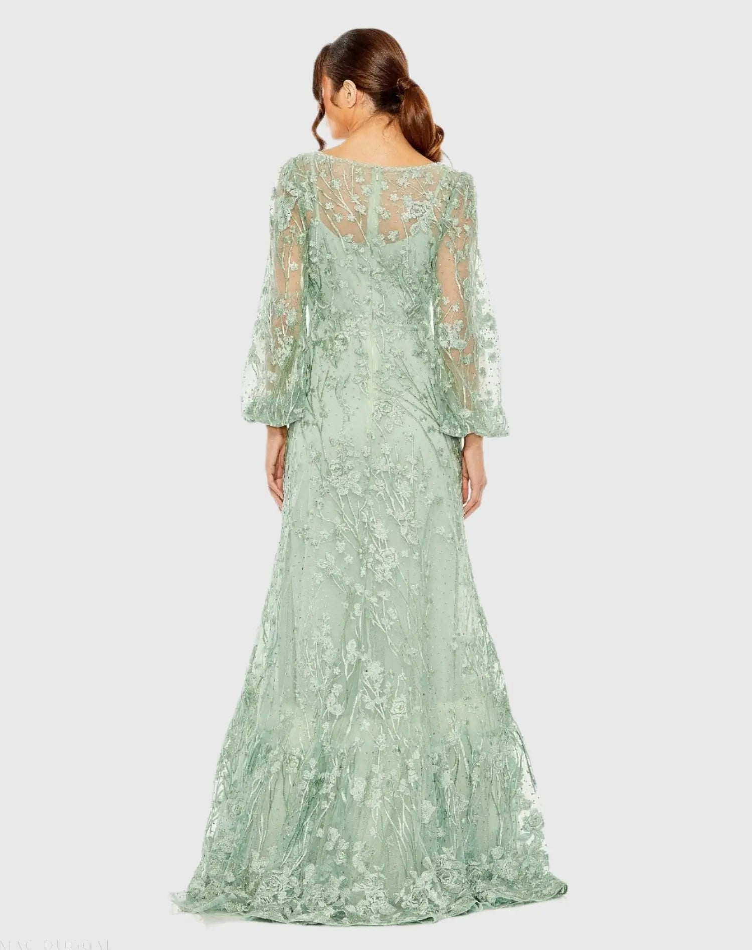 Green Puff Sleeve A-Line Embroidered Gown-Myartka